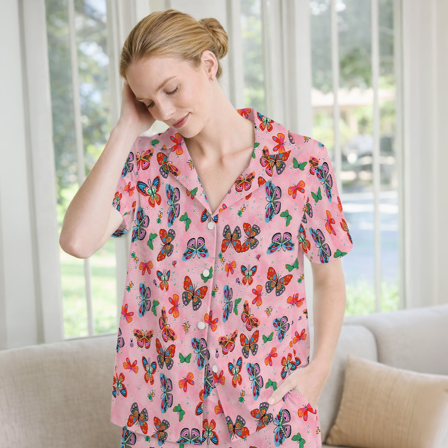 Colorful Butterfly Garden Pattern Pajama Set, Soft Breathable Fabric Comfortable Sleepwear