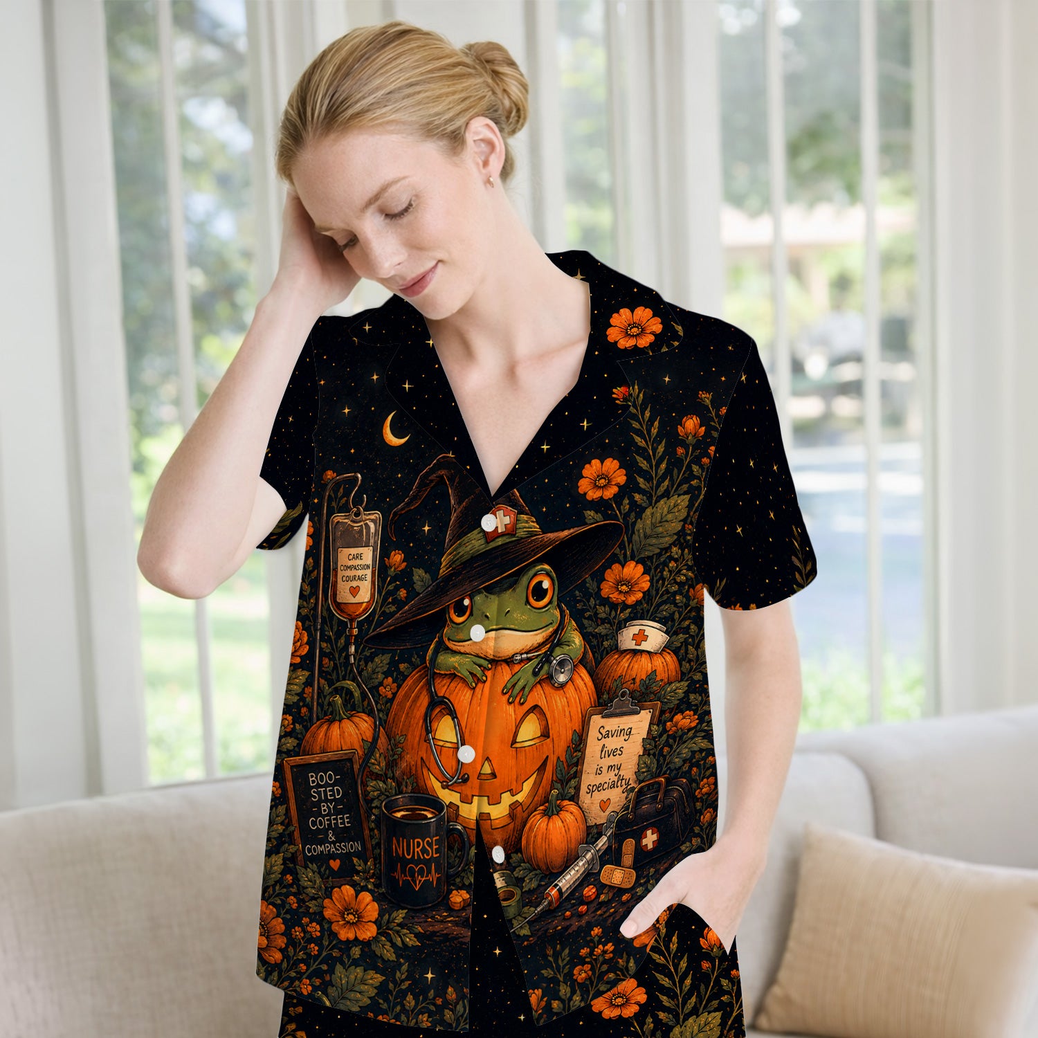 Halloween Witch Frog Pumpkin Pajama Set, Soft Breathable Fabric Comfortable Sleepwear