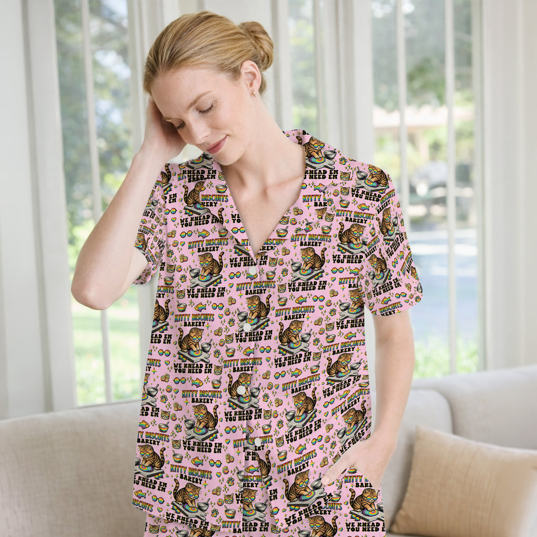Pride Nurse Cat Baking Rainbow Dough Pattern Pajama Set, Breathable Fabrics Uniform