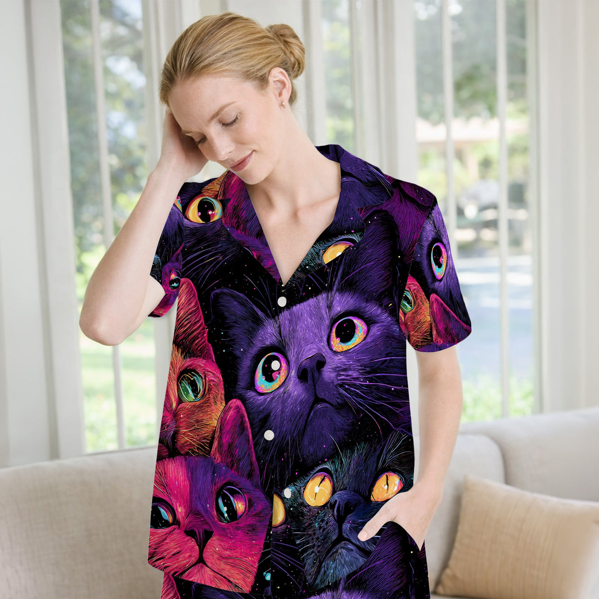 Colorful Neon Cat Faces Pajama Set, Soft Breathable Fabric Comfortable Sleepwear