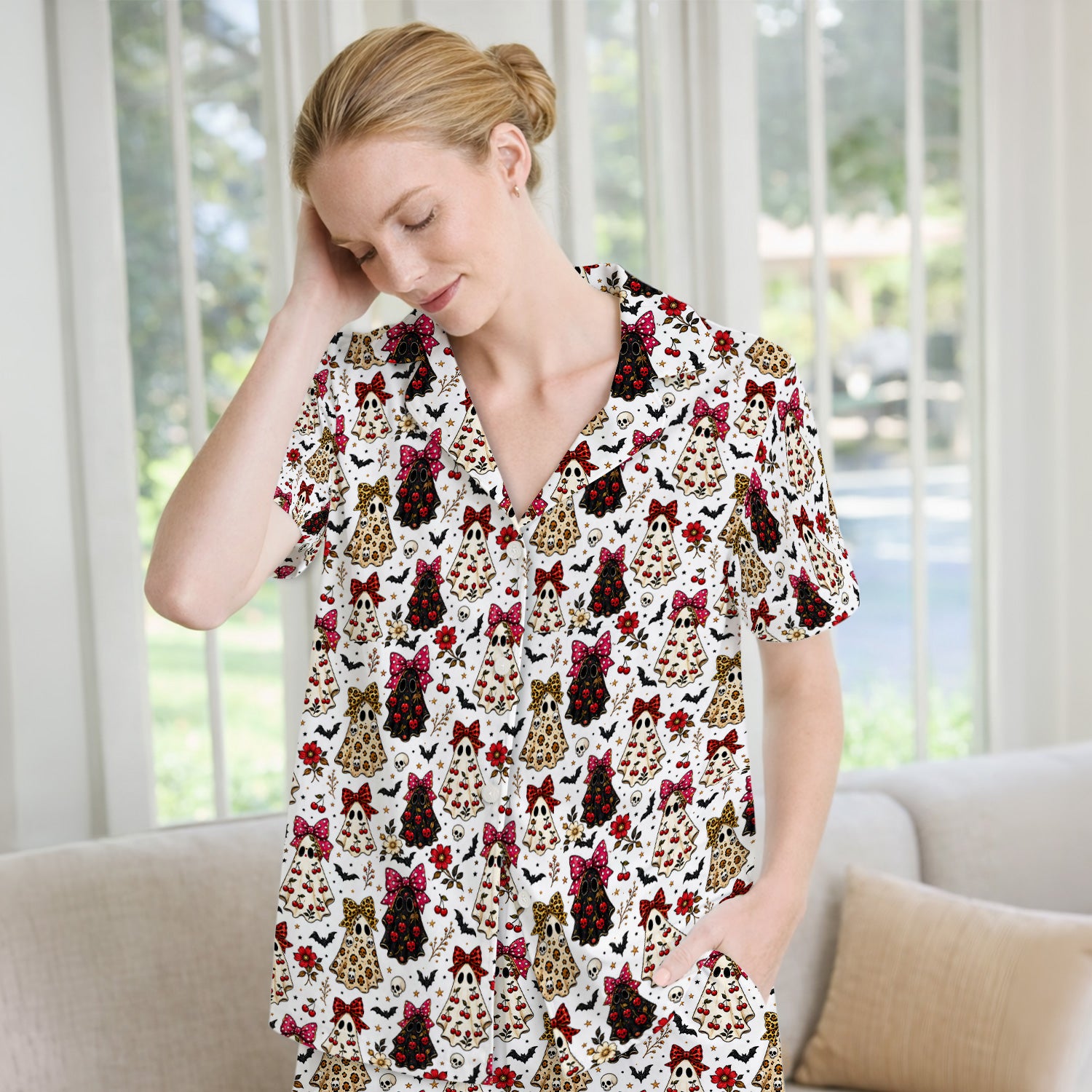 Spooky Halloween Ghost Pattern Pajama Set, Soft Breathable Fabric Comfortable Sleepwear