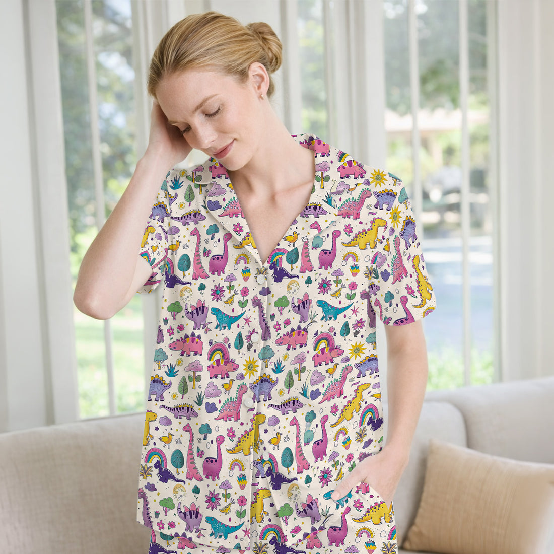 Cute Dinosaur Rainbow Pattern Pajama Set, Soft Breathable Fabric Comfortable Sleepwear