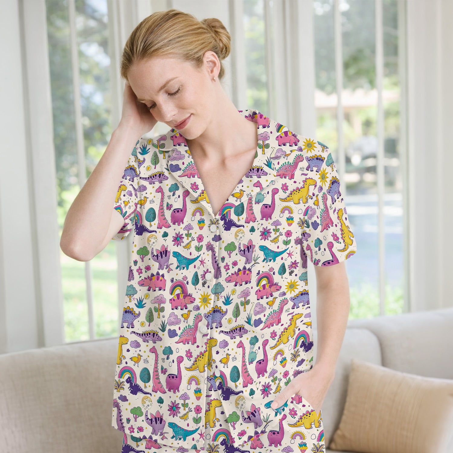 Cute Dinosaur Rainbow Pattern Pajama Set, Soft Breathable Fabric Comfortable Sleepwear