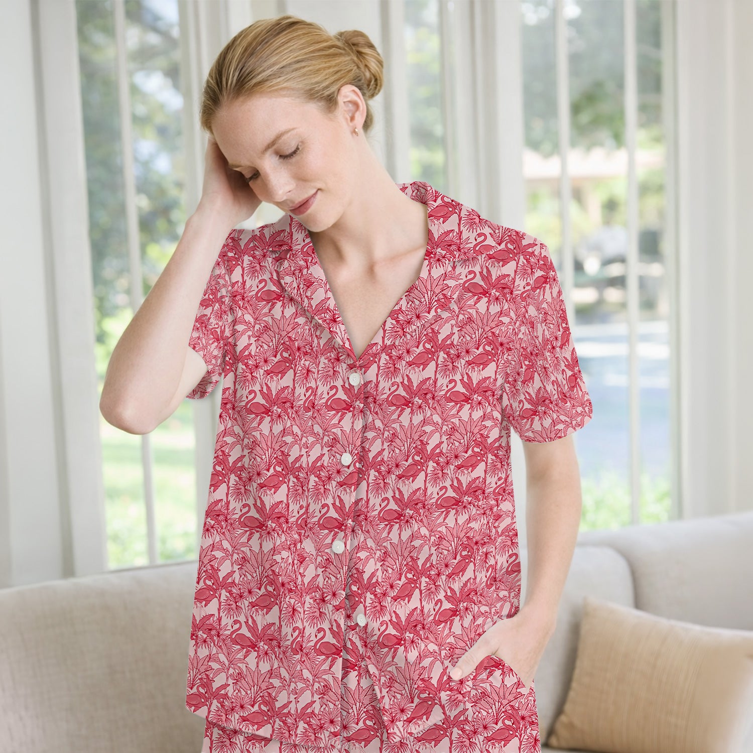 Tropical Flamingo Palm Leaves Pattern Pajama Set, Breathable Fabrics Uniform