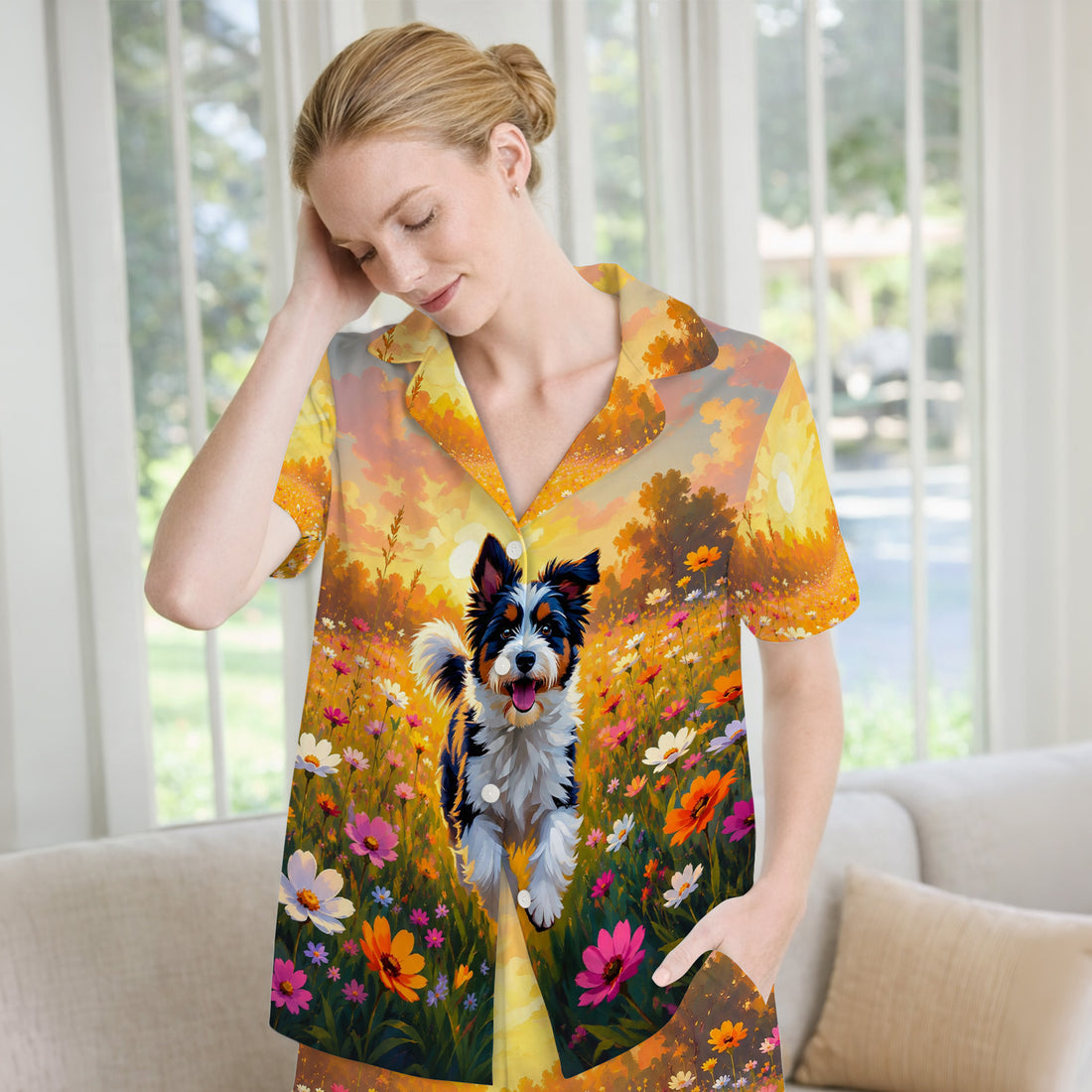 Cute Floral Meadow Dog Print Pajama Set, Soft Breathable Fabric Comfortable Sleepwear