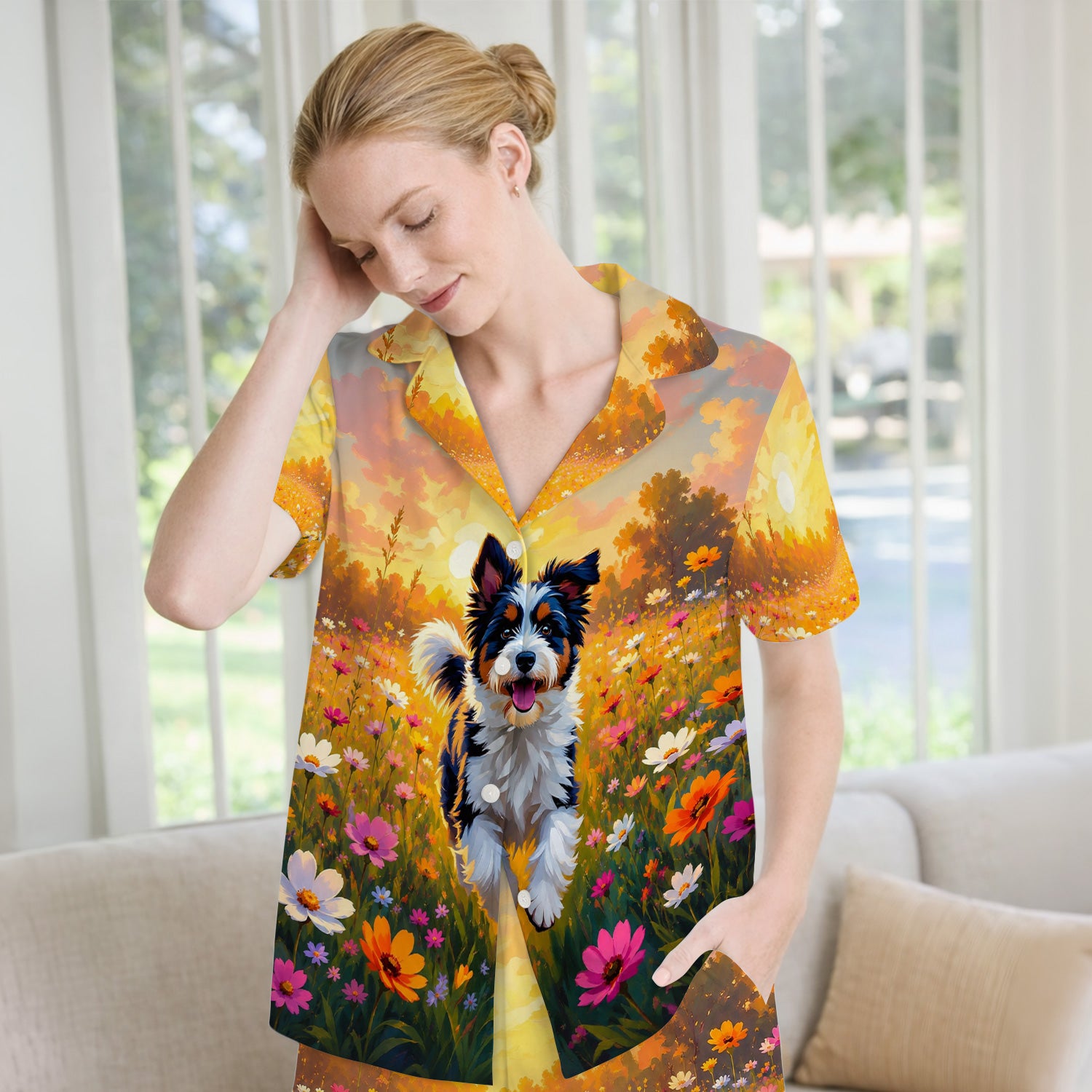 Cute Floral Meadow Dog Print Pajama Set, Soft Breathable Fabric Comfortable Sleepwear