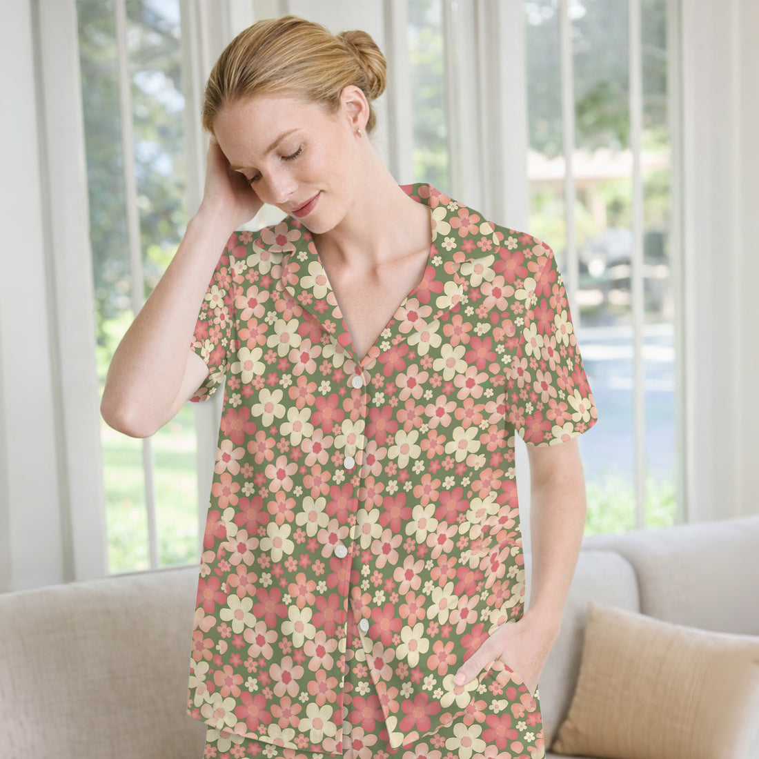 Retro Floral Print Pajama Set, Soft Breathable Fabric Comfortable Sleepwear