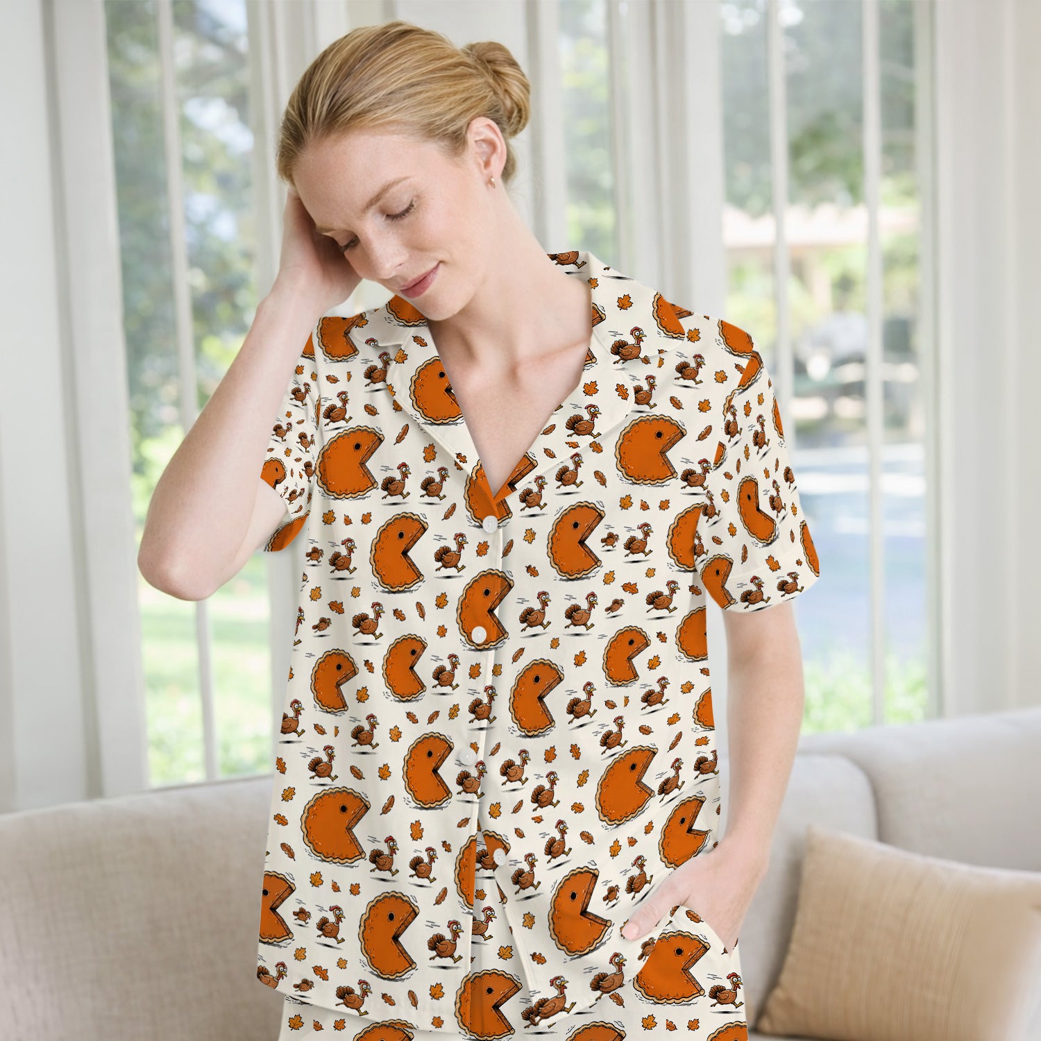Thanksgiving Pie Chasing Turkey Pajama Set, Soft Breathable Fabric Comfortable Sleepwear