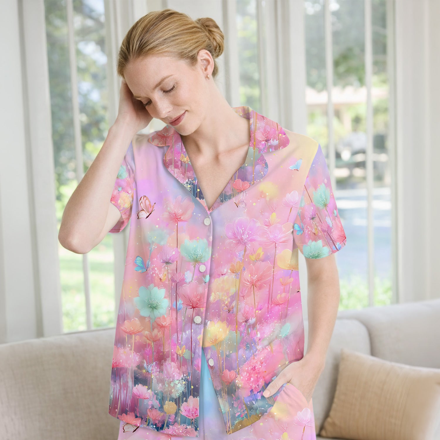 Dreamy Pastel Watercolor Floral Garden Pajama Set, Breathable Fabrics Uniform