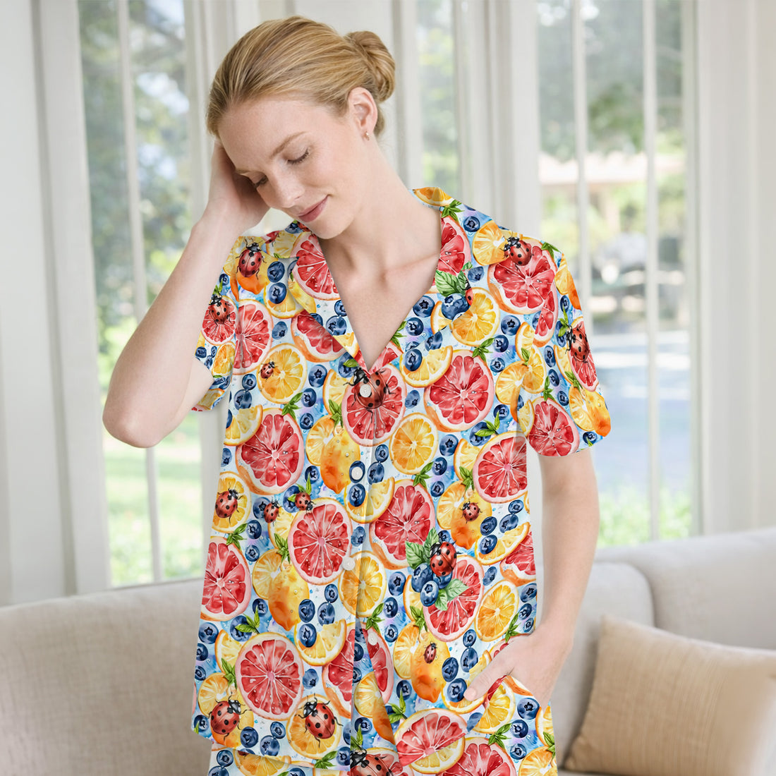Cute Citrus Berry Ladybug Pattern Pajama Set, Soft Breathable Fabric Comfortable Sleepwear