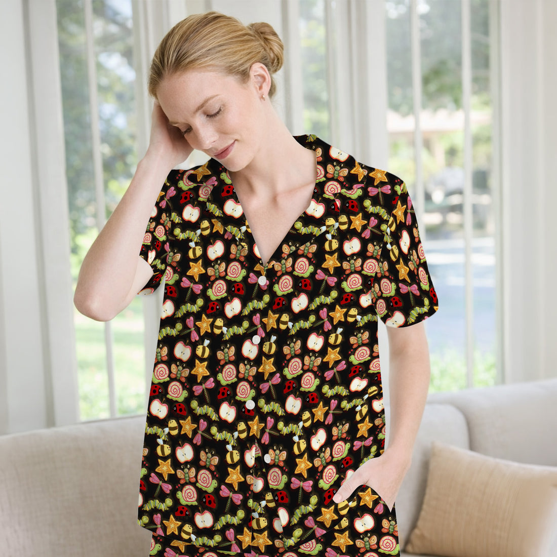 Cute Nurse Snail Ladybug Caterpillar Apple Garden Pattern Pajama Set, Breathable Fabrics Uniform