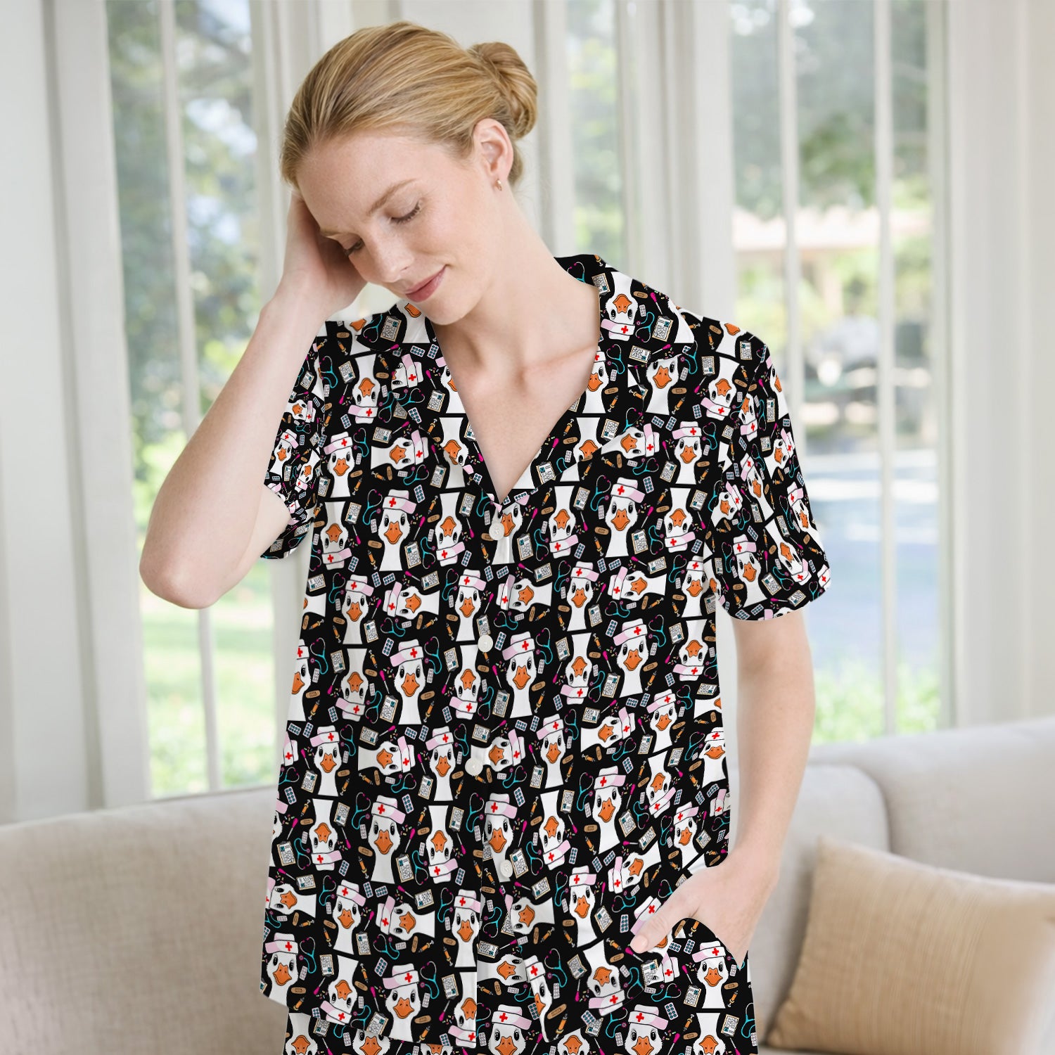 Duck Wearing Hat With Medical Tools Pajama Set, Breathable Fabrics Uniform