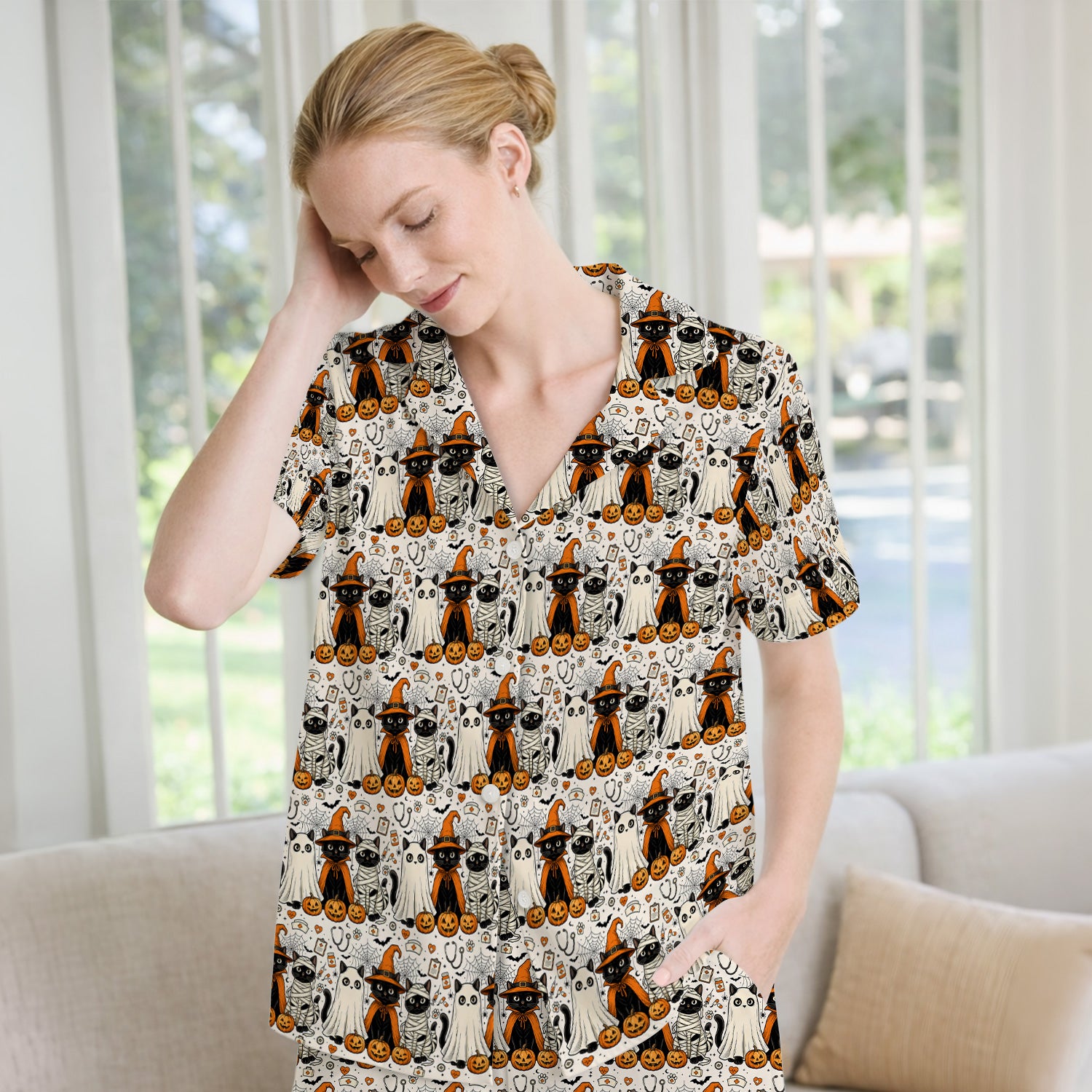 Spooky Halloween Costume Cats Pajama Set, Soft Breathable Fabric Comfortable Sleepwear