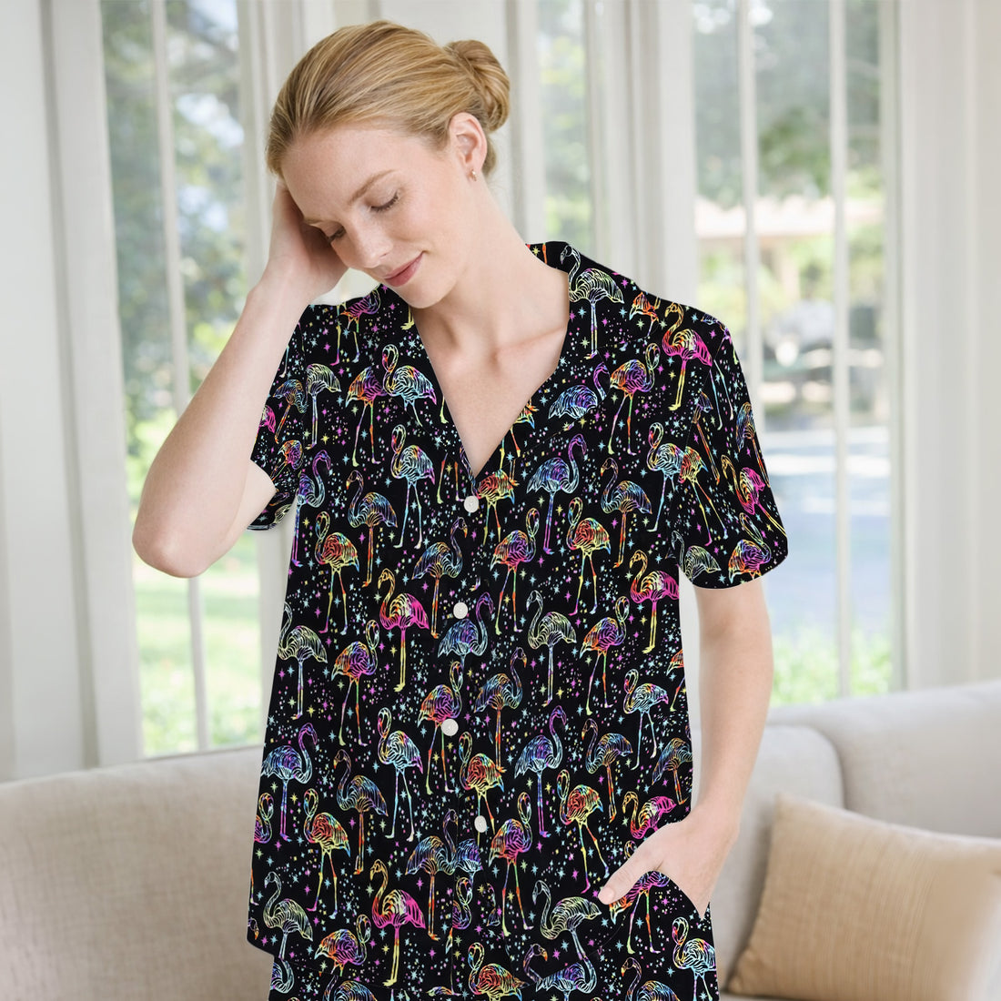 Neon Flamingo Starry Night Pattern Pajama Set, Soft Breathable Fabric Comfortable Sleepwear