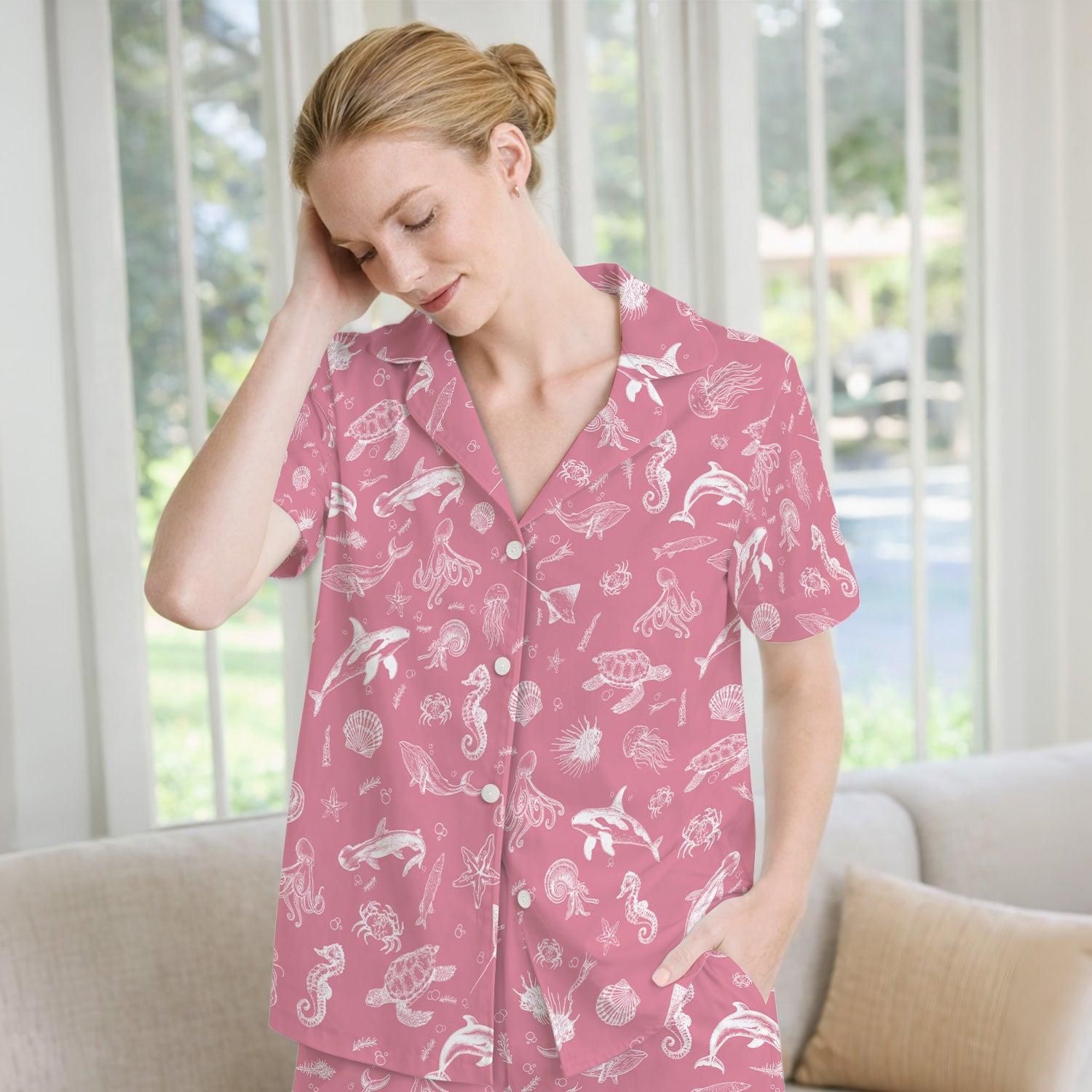 Marine Sea Life Pattern Pajama Set, Breathable Fabrics Uniform