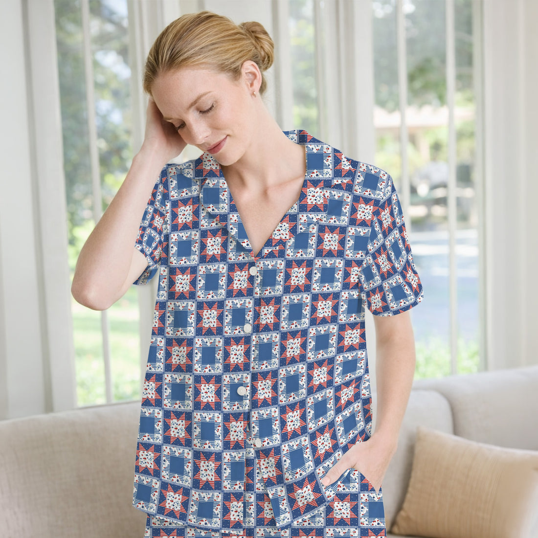 Vintage Patchwork Star Quilt Pattern Pajama Set, Soft Breathable Fabric Comfortable Sleepwear