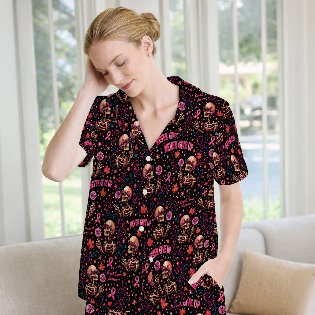 Breast Cancer Awareness Skeletons Pattern Pajama Set, Soft Breathable Fabric Comfortable Sleepwear