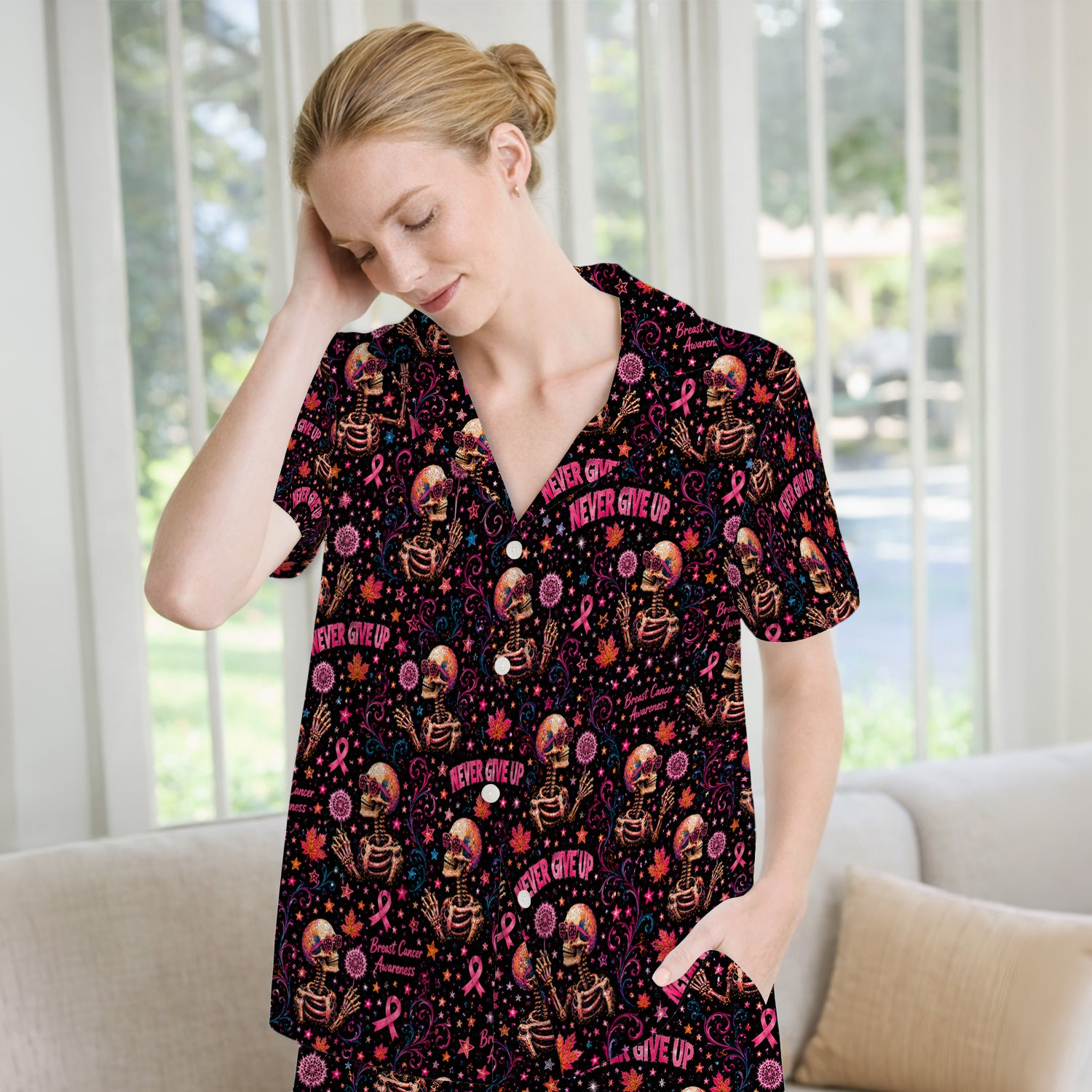 Breast Cancer Awareness Skeletons Pattern Pajama Set, Soft Breathable Fabric Comfortable Sleepwear