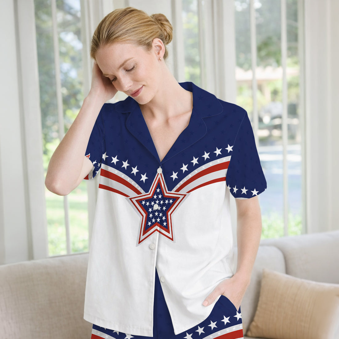 Patriotic American Flag Star Pattern Pajama Set, Soft Breathable Fabric Comfortable Sleepwear