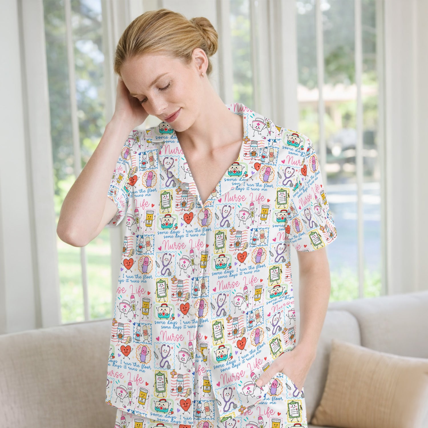 Cute Nurse Life Doodle Pediatric Nurse Pajama Set, Soft Breathable Fabric Comfortable Sleepwear