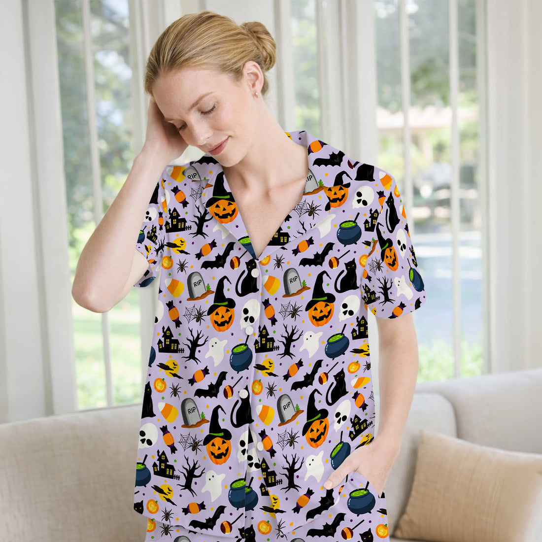 Ghost Pumpkin Witch Pattern Pajama Set, Soft Breathable Fabric Comfortable Sleepwear