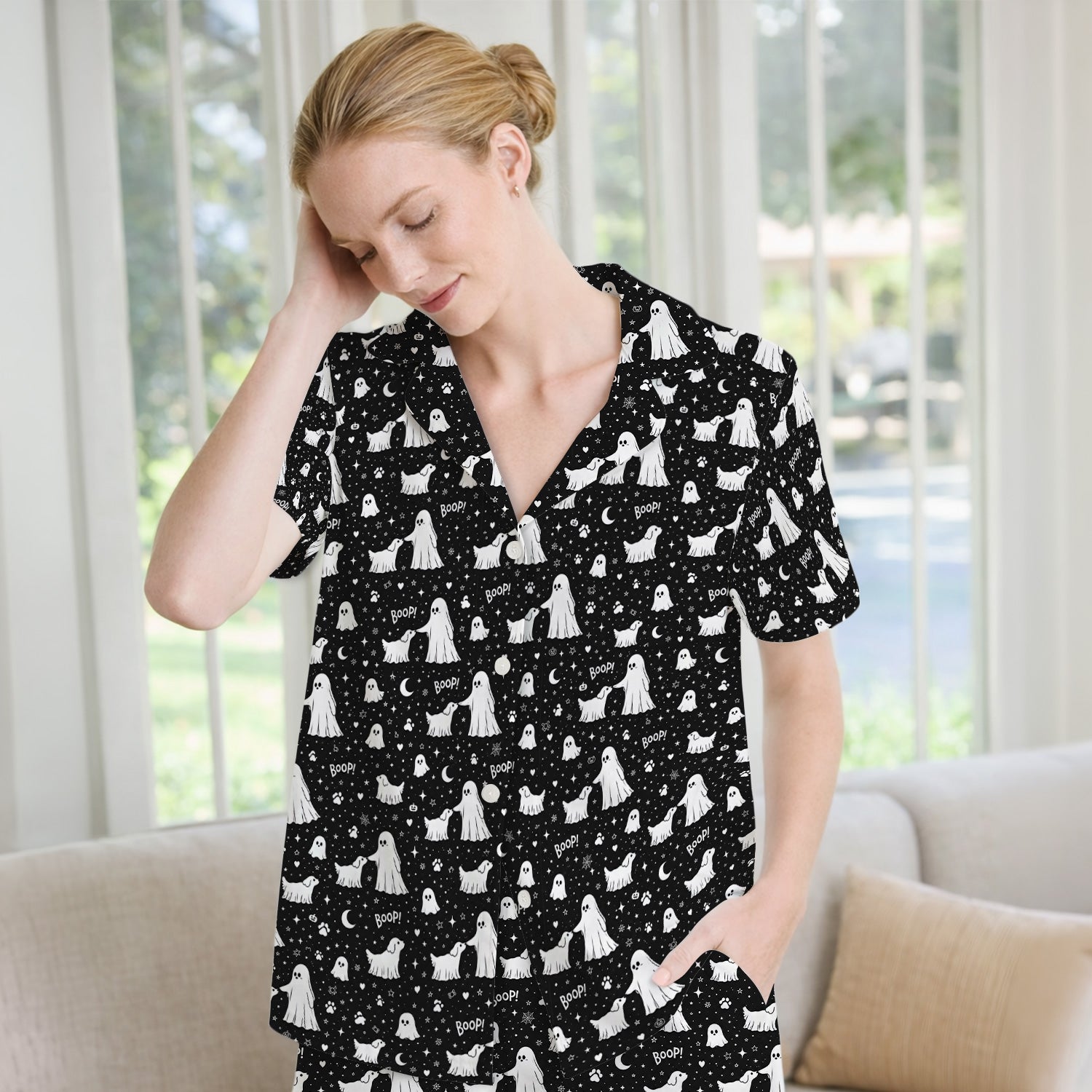 Halloween Ghost Boop Dog Pattern Pajama Set, Soft Breathable Fabric Comfortable Sleepwear