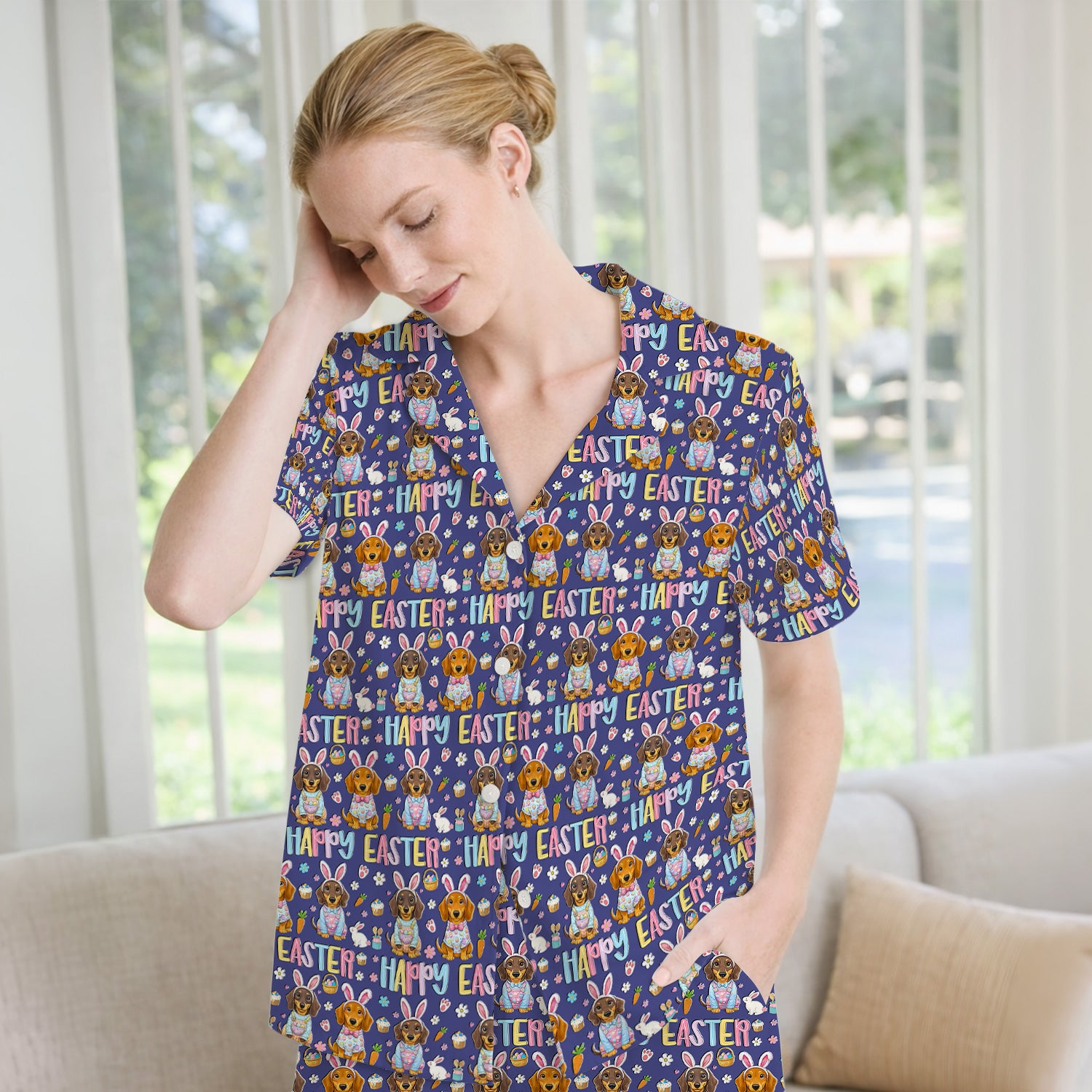 Happy Easter Dachshund Bunny Print Pajama Set, Breathable Fabrics Uniform