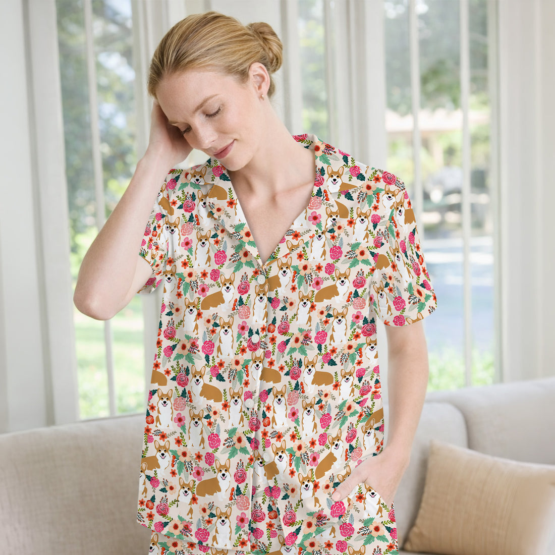 Cute Corgi Dog Floral Garden Pattern Nurse Pajama Set, Soft Breathable Fabric Comfortable Sleepwear