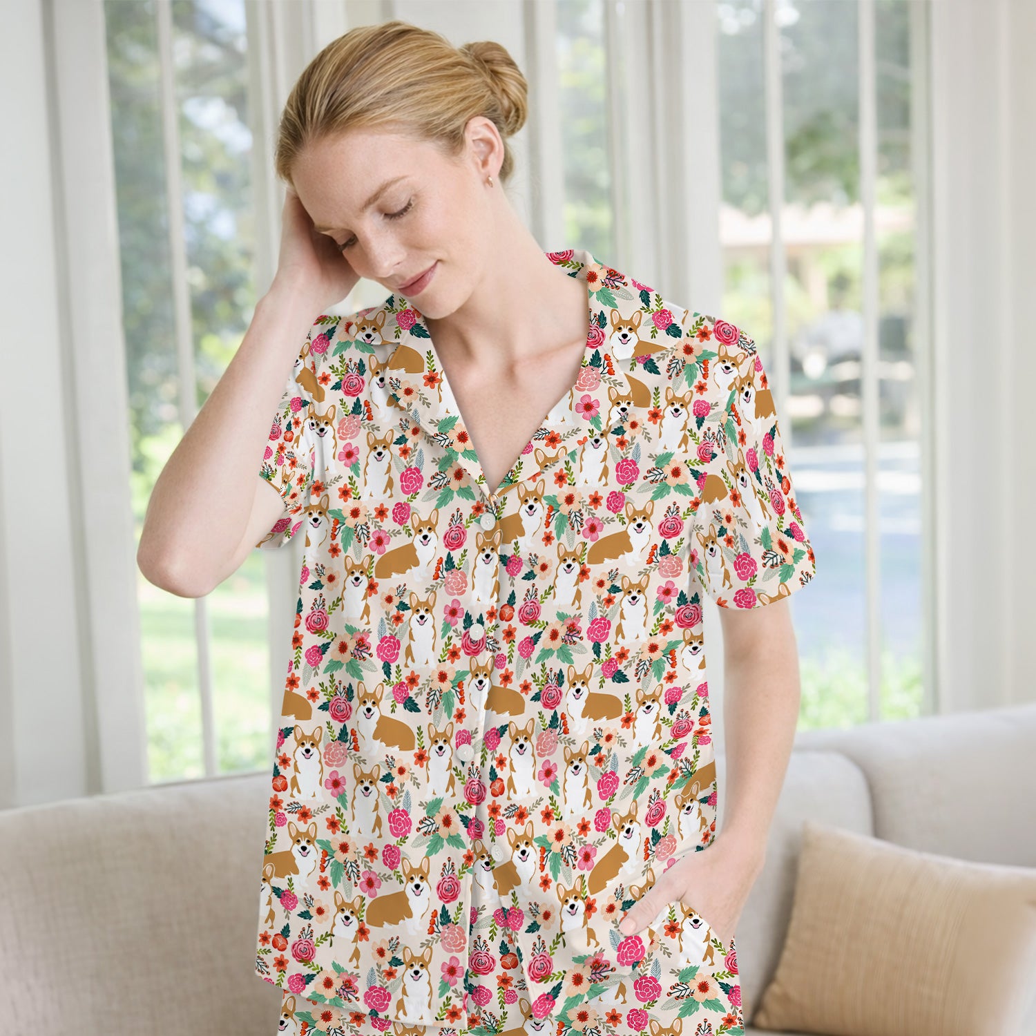 Cute Corgi Dog Floral Garden Pattern Nurse Pajama Set, Soft Breathable Fabric Comfortable Sleepwear