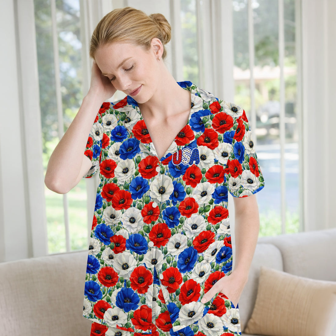 Festive Patriotic Red Blue Poppy Floral Pattern Pajama Set, Soft Breathable Fabric Comfortable Sleepwear