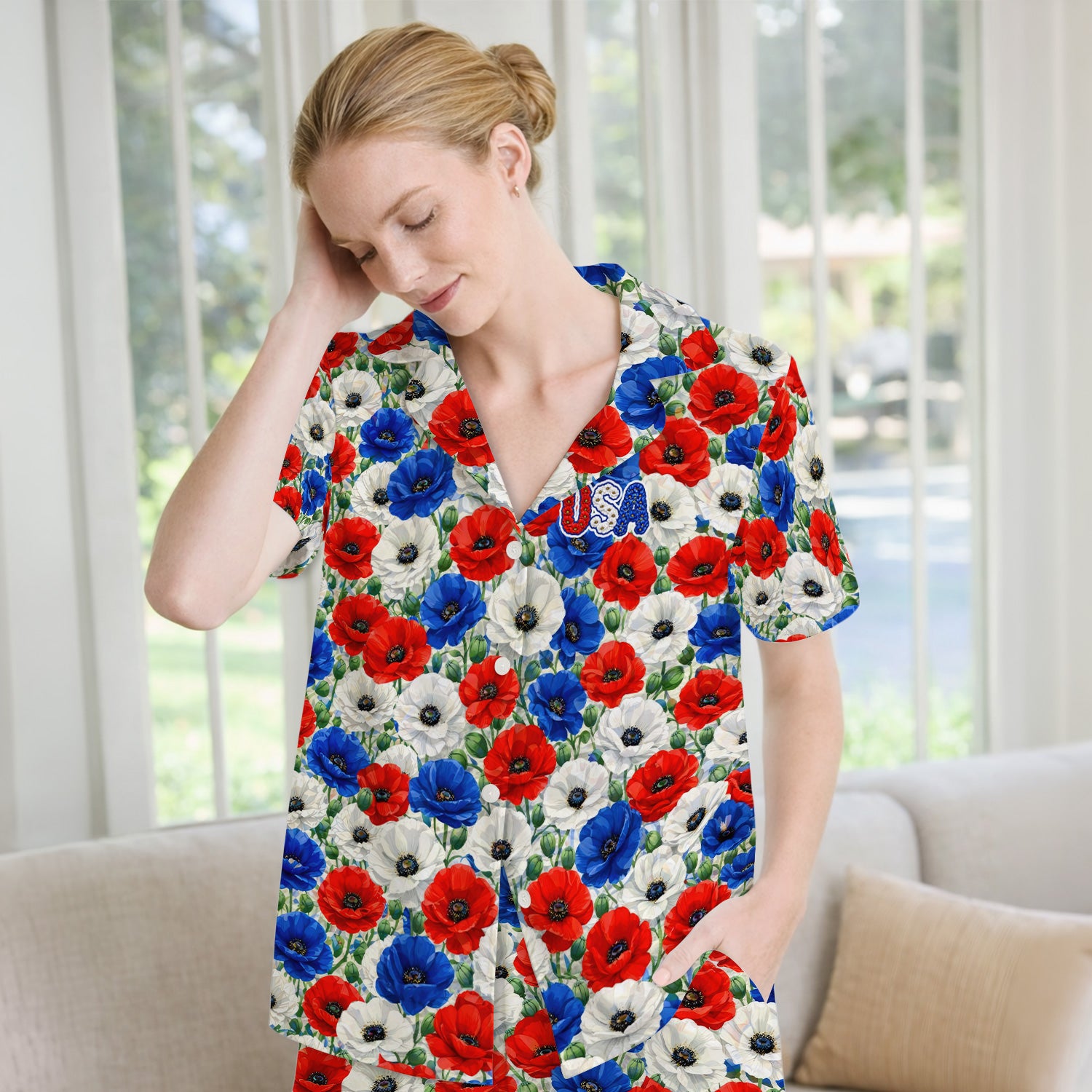 Festive Patriotic Red Blue Poppy Floral Pattern Pajama Set, Soft Breathable Fabric Comfortable Sleepwear
