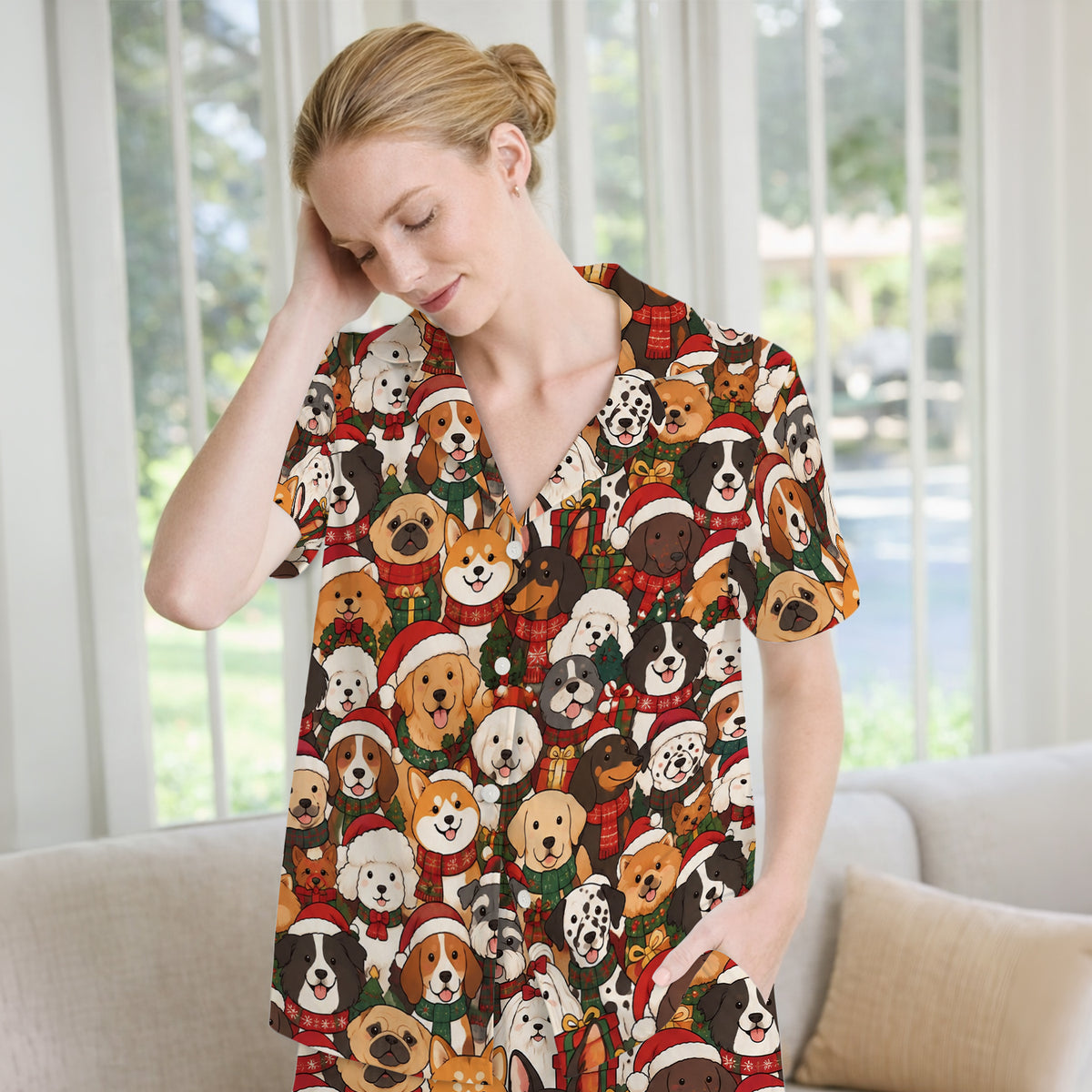 Christmas Dog Breeds Collage Pattern Pajama Set, Soft Breathable Fabric Comfortable Sleepwear