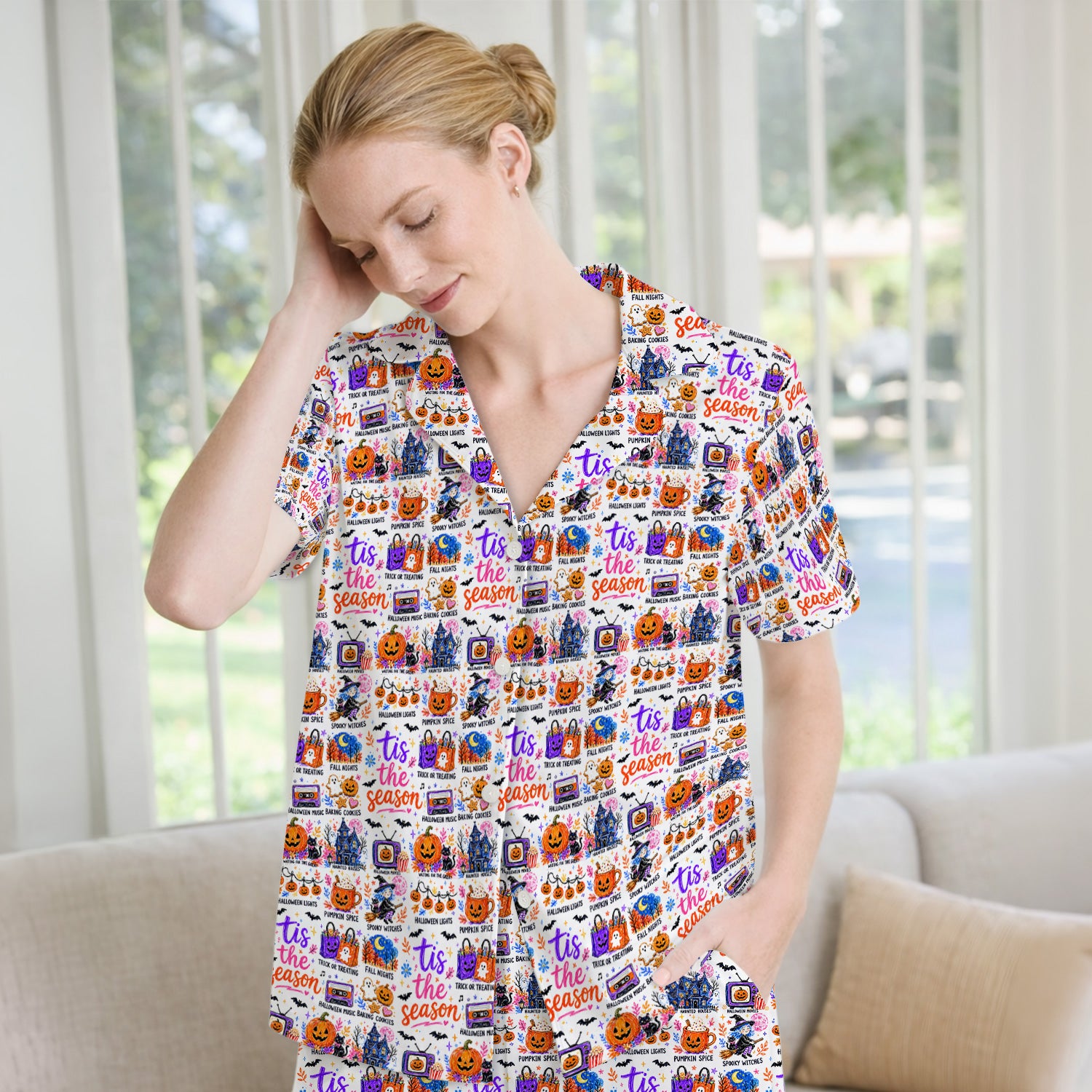 Pumpkin Ghost Spooky Season Print Pajama Set, Soft Breathable Fabric Comfortable Sleepwear
