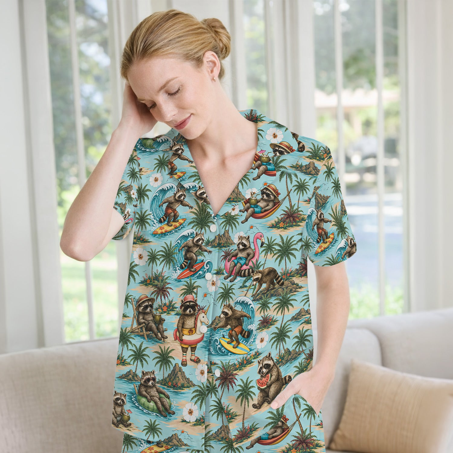 Tropical Raccoon with Surfing Island Beach Print Pajama Set, Soft Breathable Fabric Comfortable Sleepwear