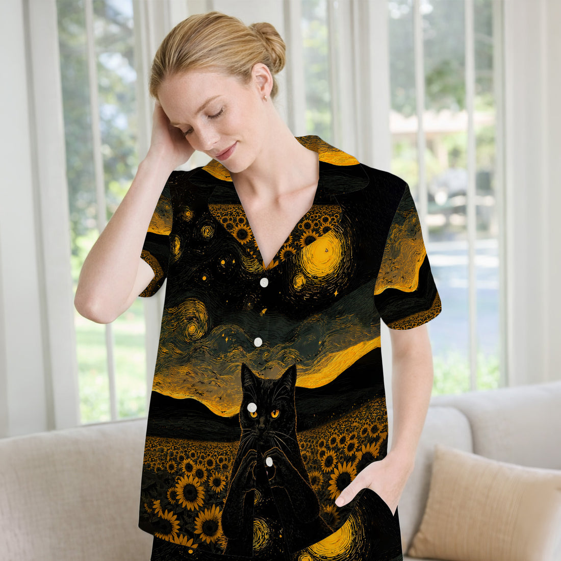 Cute Black Cat Sunflower Night Pattern Pajama Set, Soft Breathable Fabric Comfortable Sleepwear