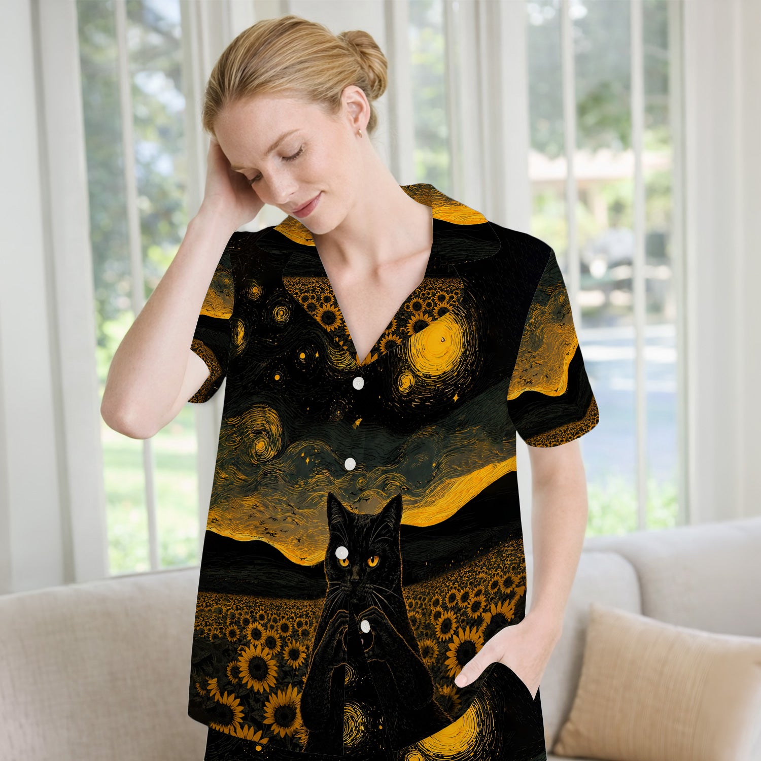 Cute Black Cat Sunflower Night Pattern Pajama Set, Soft Breathable Fabric Comfortable Sleepwear