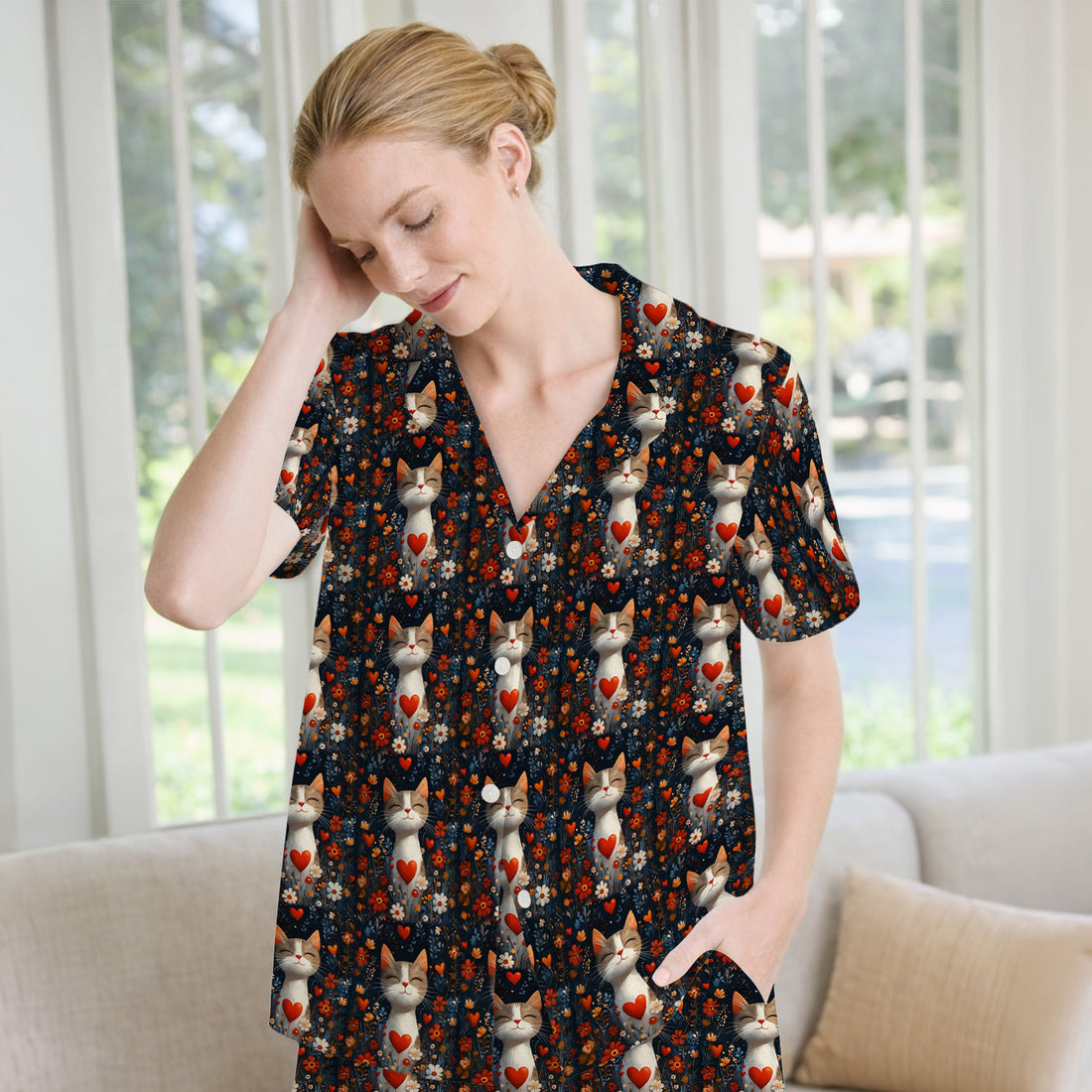 Cat Heart Floral Garden Pattern Pajama Set, Breathable Fabrics Uniform