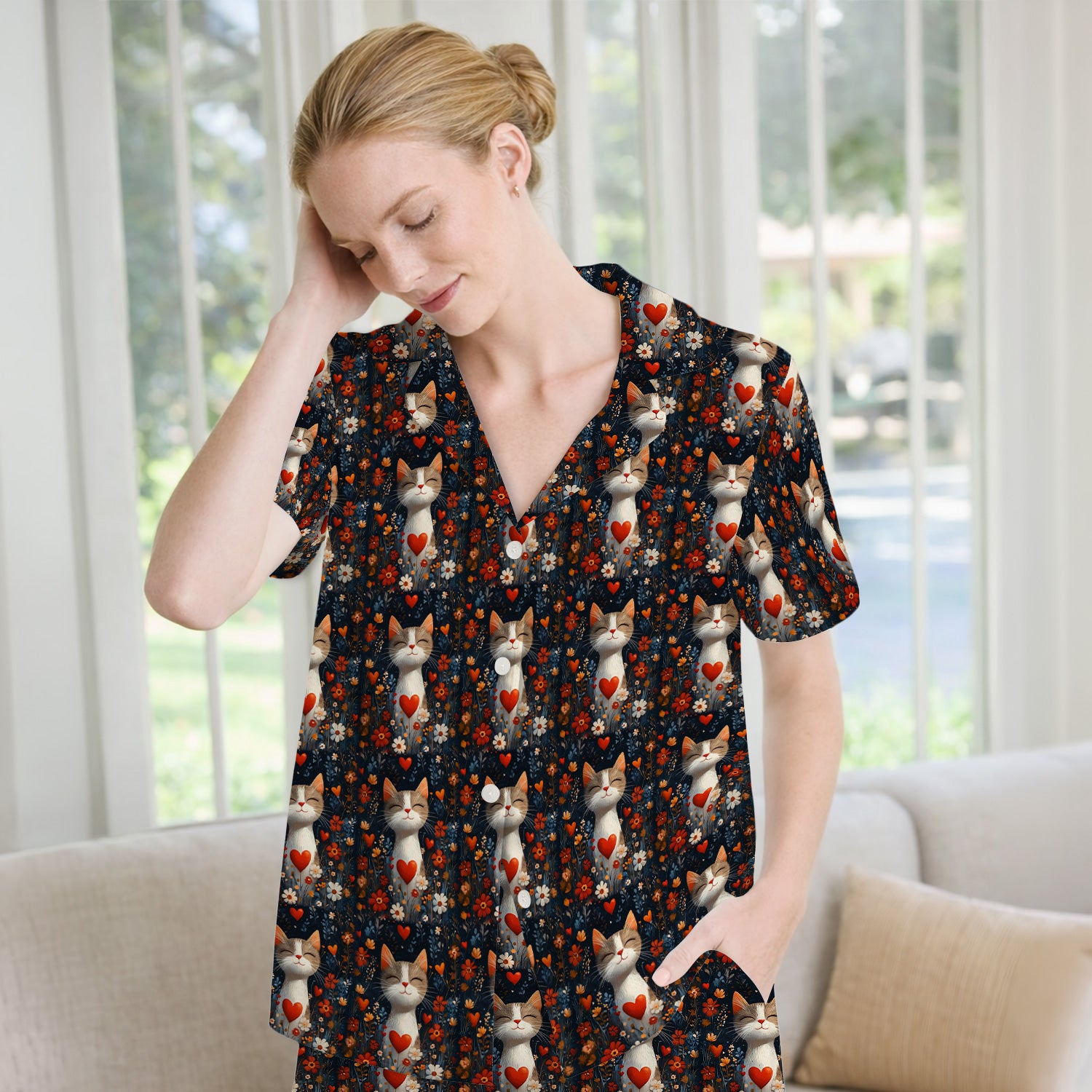 Cat Heart Floral Garden Pattern Pajama Set, Breathable Fabrics Uniform