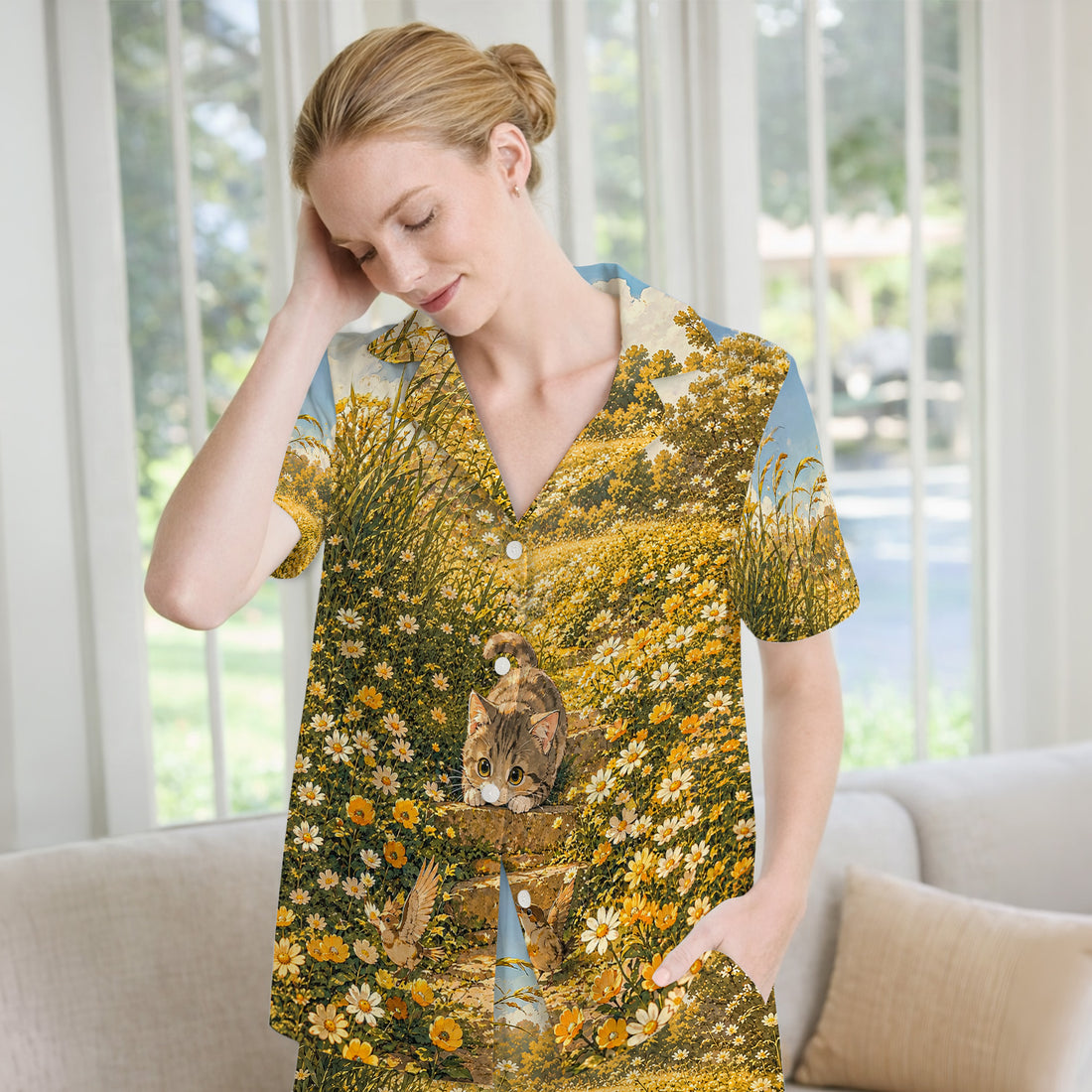 Sunny Garden Cat Nurse Pattern, Floral Medical Pajama Set, Soft Breathable Fabric Comfortable Sleepwear