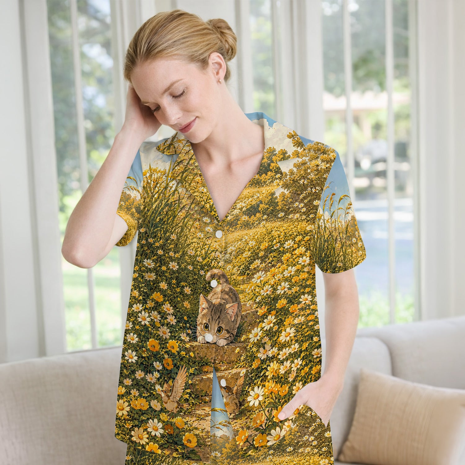 Sunny Garden Cat Nurse Pattern, Floral Medical Pajama Set, Soft Breathable Fabric Comfortable Sleepwear
