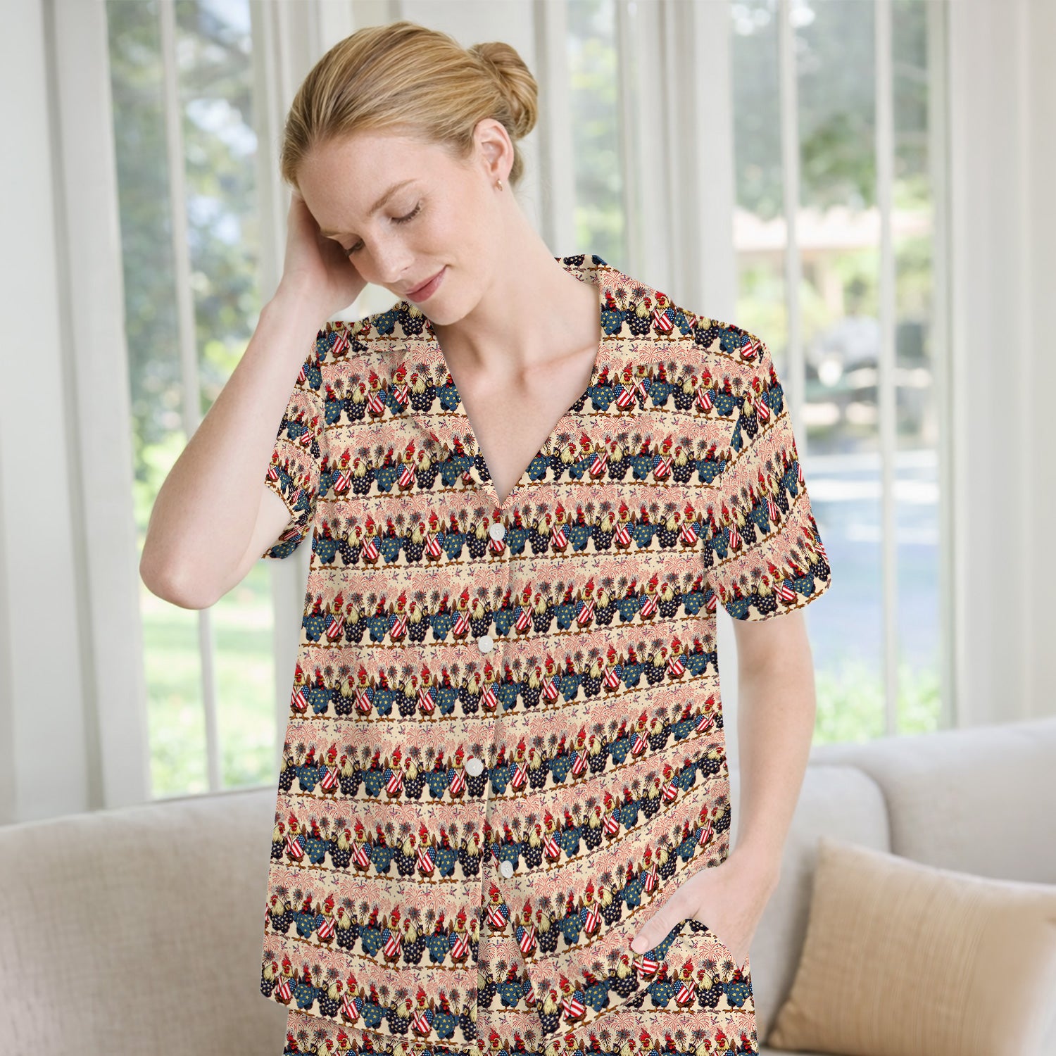 Patriotic Rooster Fireworks Pattern Pajama Set, Breathable Fabrics Uniform