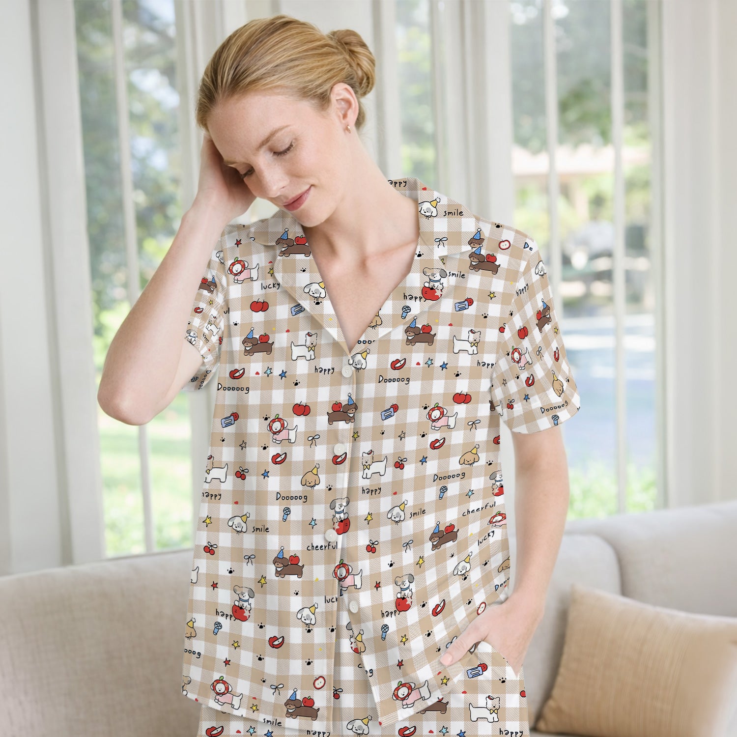 Cute Nurse Cartoon Puppy Apple Gingham Pajama Set, Breathable Fabrics Uniform