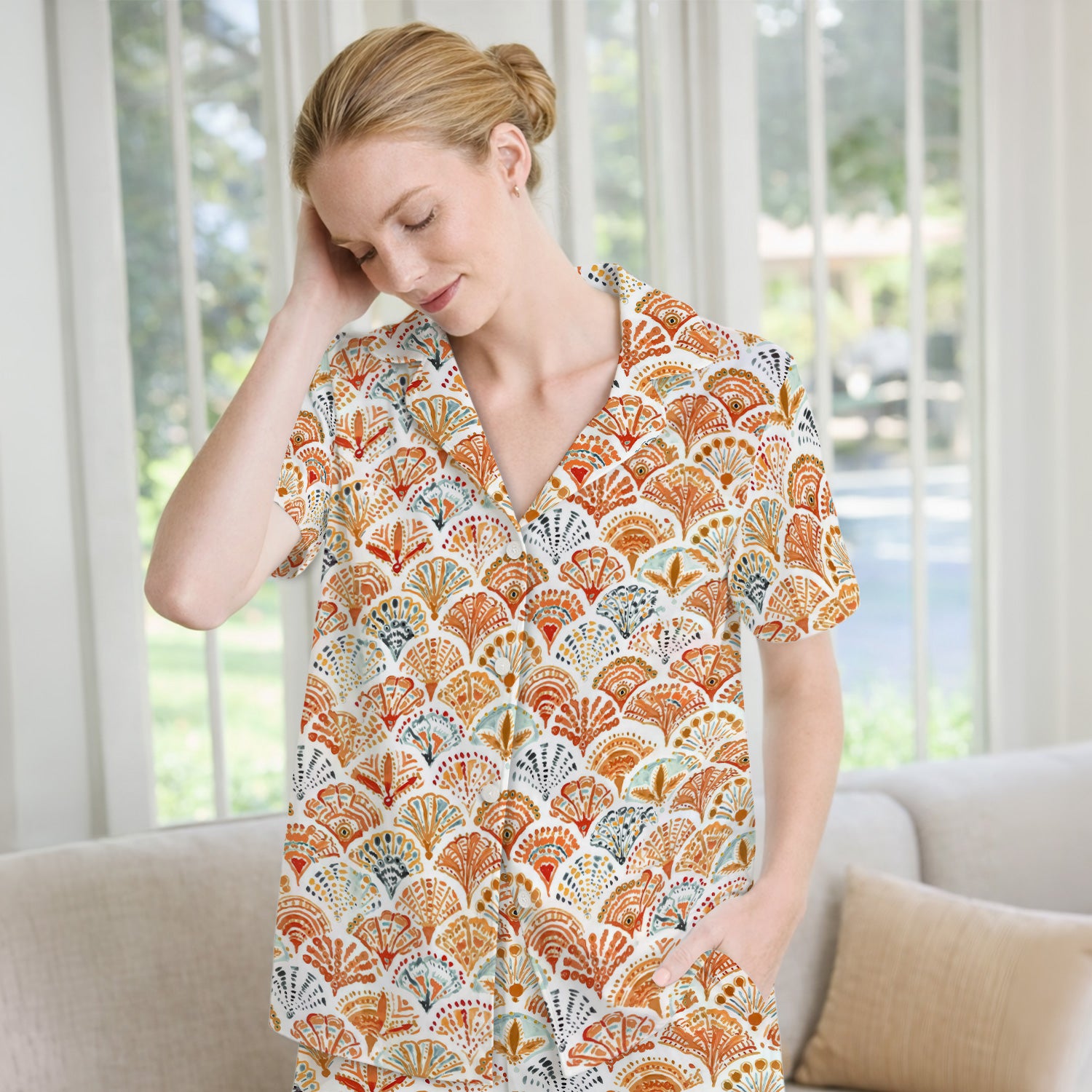 Cute Boho Fan Pattern Pajama Set, Soft Breathable Fabric Comfortable Sleepwear