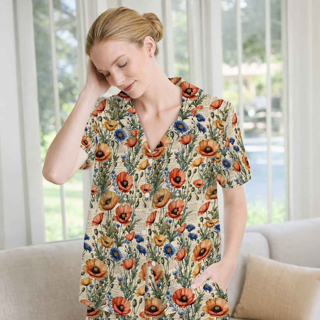 Vintage Poppy Wildflower Script Print Pajama Set, Soft Breathable Fabric Comfortable Sleepwear