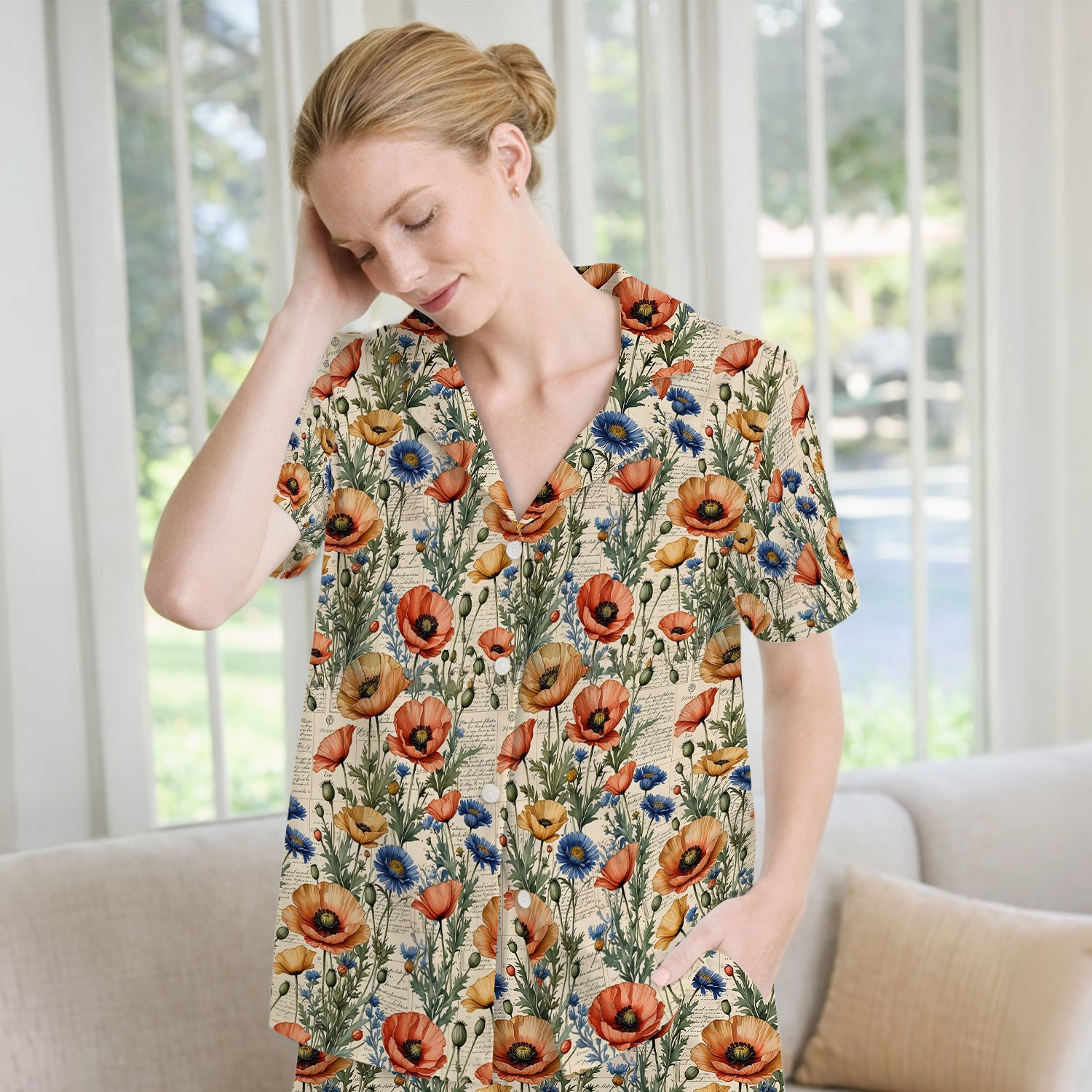 Vintage Poppy Wildflower Script Print Pajama Set, Soft Breathable Fabric Comfortable Sleepwear