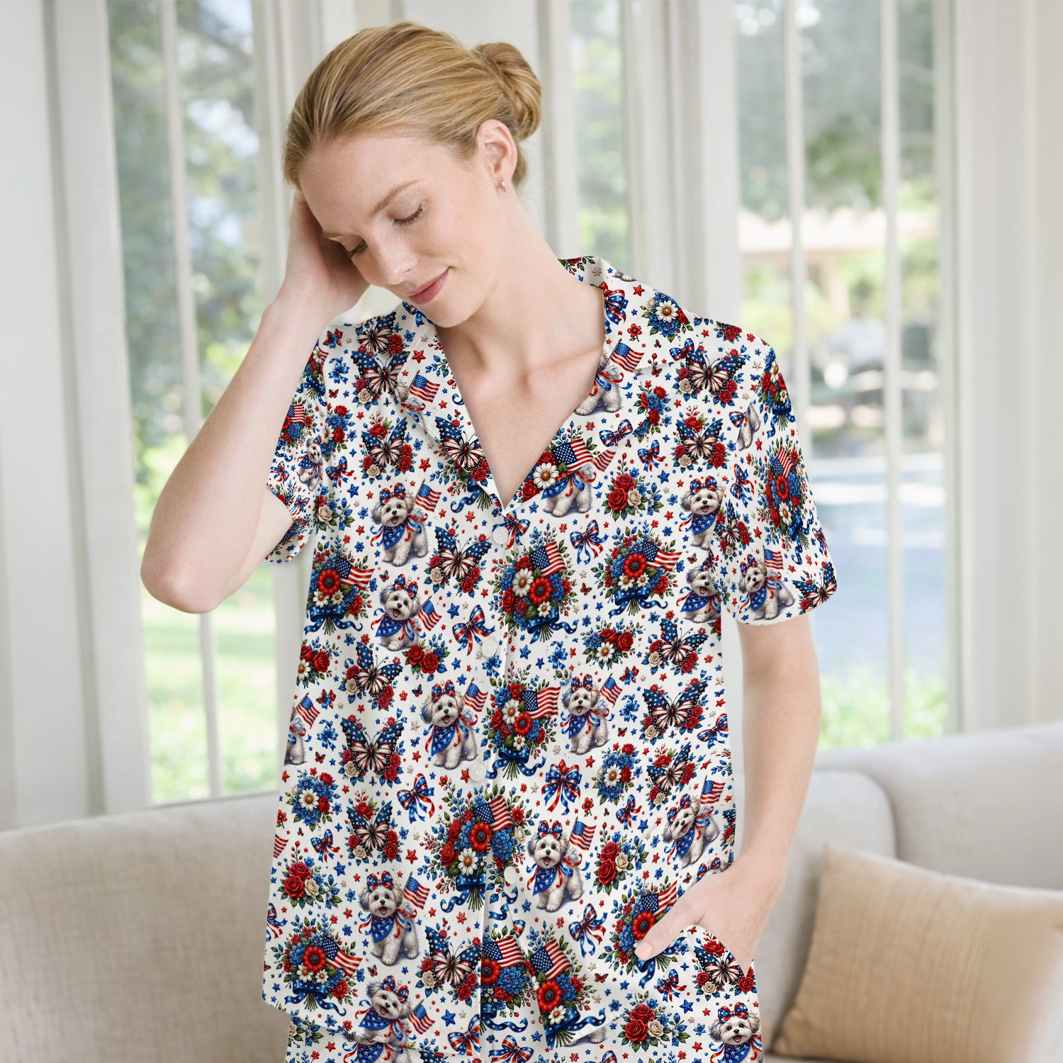 Patriotic Puppy Floral Bouquet Pattern Pajama Set, Soft Breathable Fabric Comfortable Sleepwear