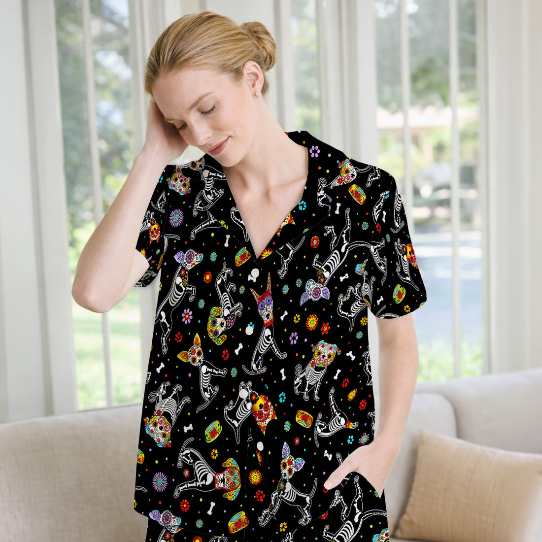 Colorful Day Of The Dead Dogs Pajama Set, Soft Breathable Fabric Comfortable Sleepwear