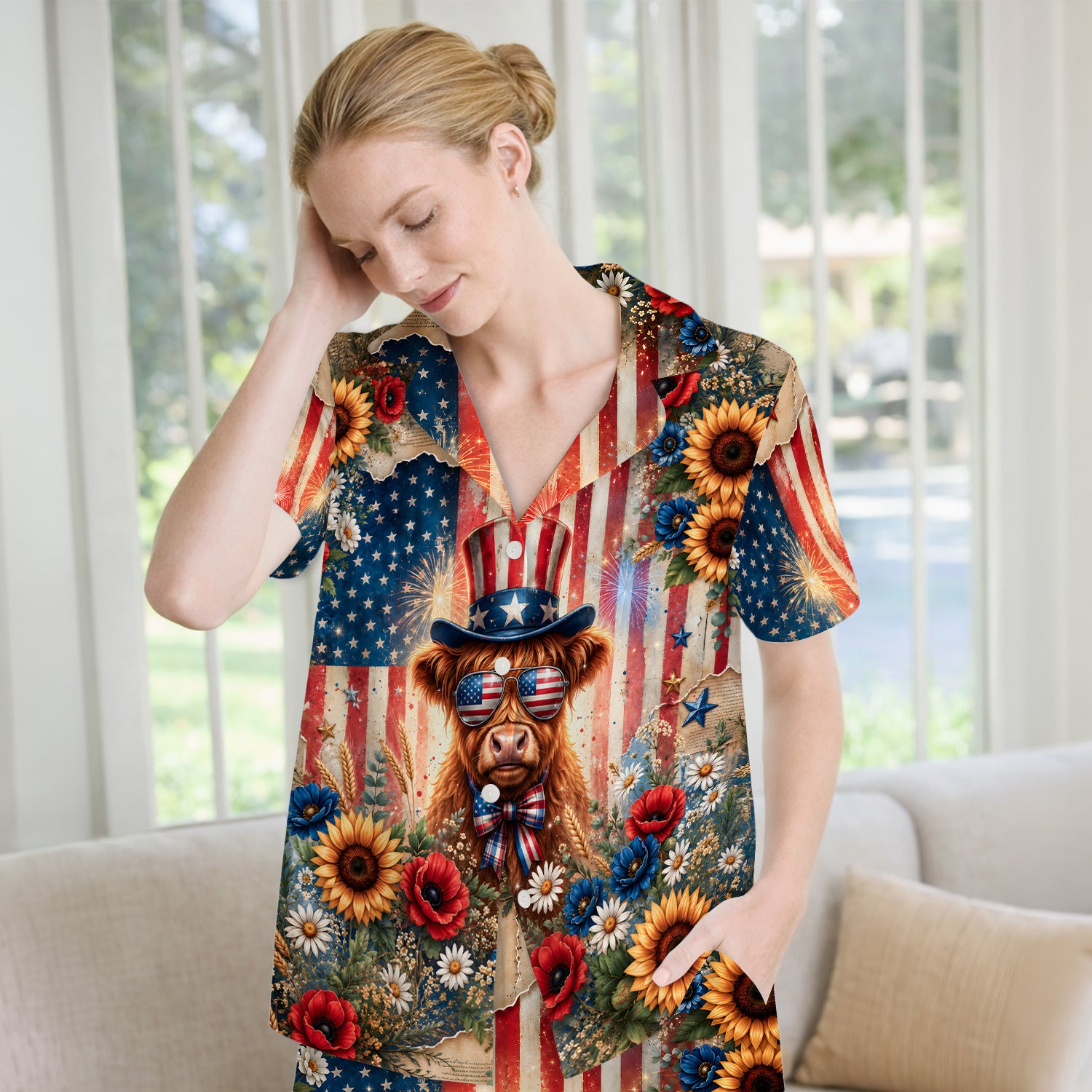 Patriotic Highland Cow Nurse for RN, CNA, Healthcare Workers Pajama Set, Soft Breathable Fabric Comfortable Sleepwear
