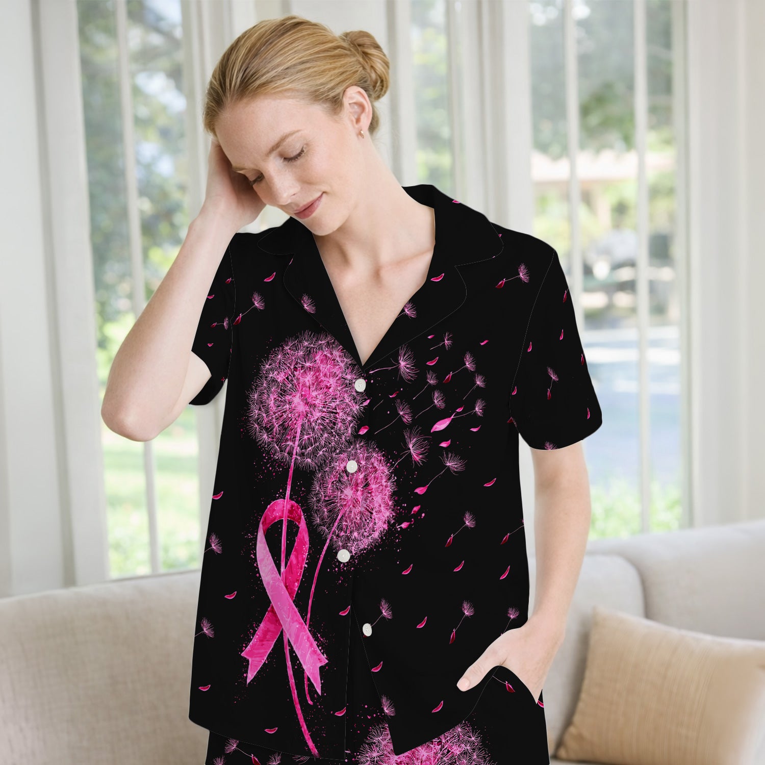 Meaningful Pink Ribbon Dandelion Pajama Set, Soft Breathable Fabric Comfortable Sleepwear