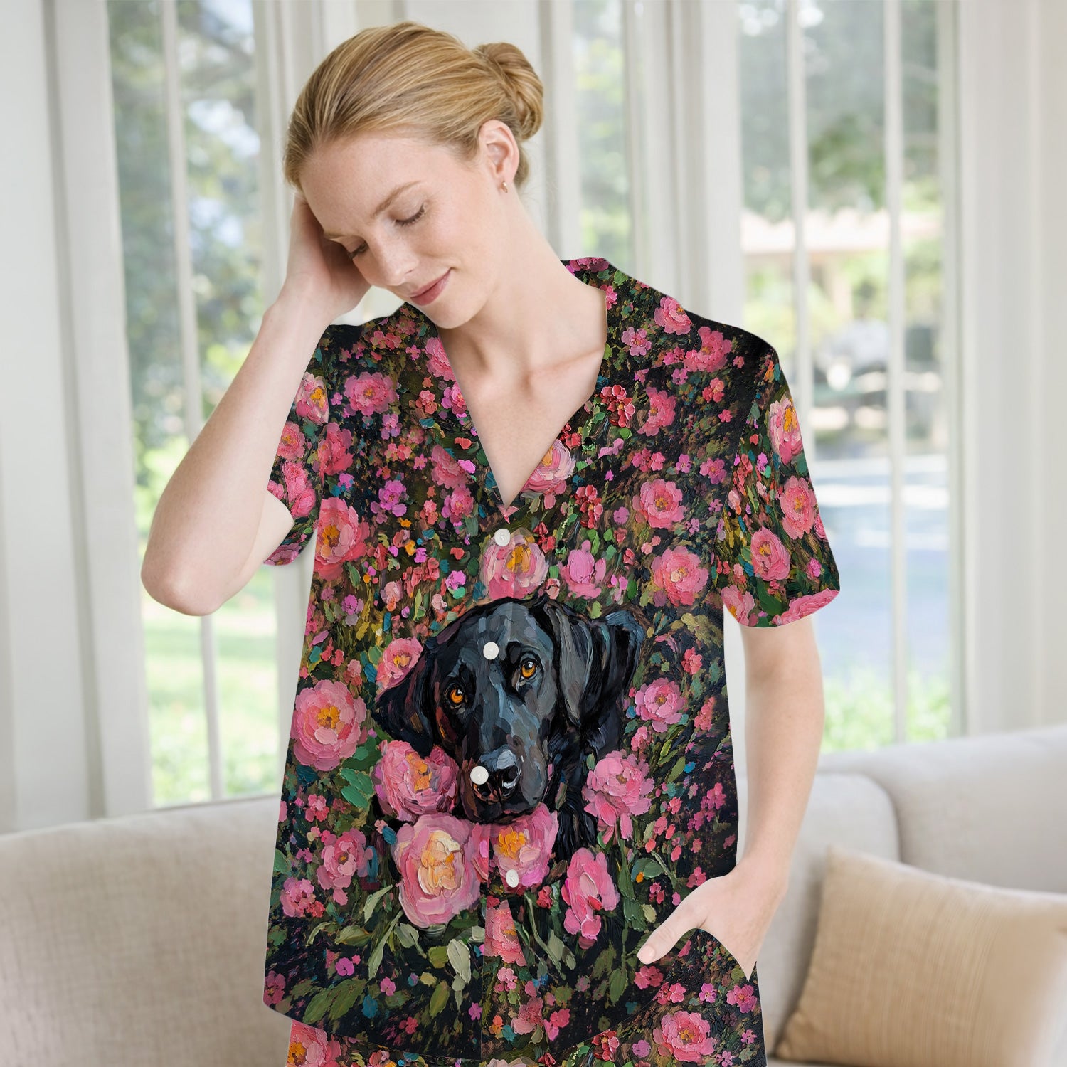 Painterly Floral Black Dog Pattern, Pet Lover Medical Pajama Set, Soft Breathable Fabric Comfortable Sleepwear